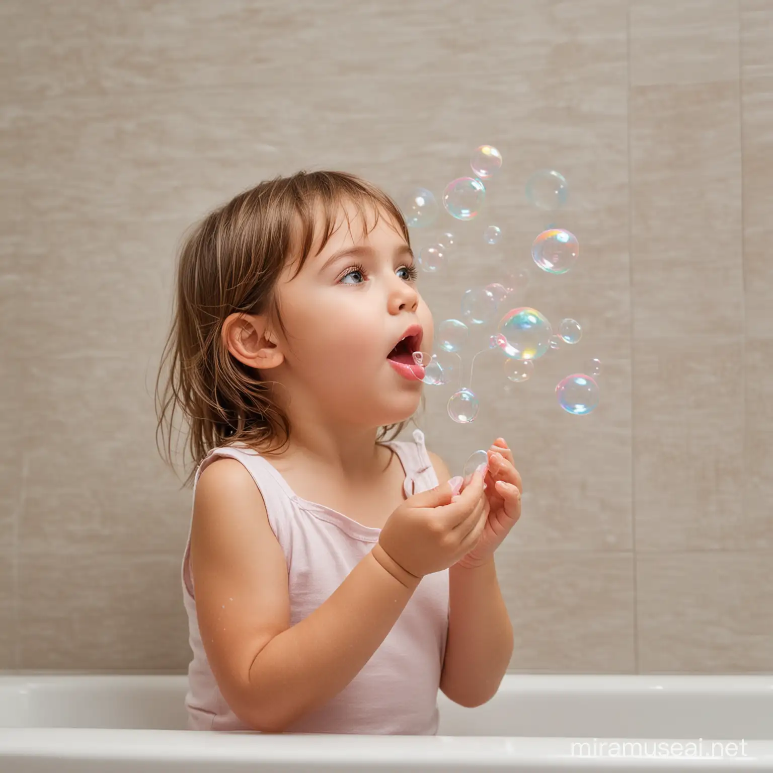 Child Blowing Soap Bubbles in Bathroom