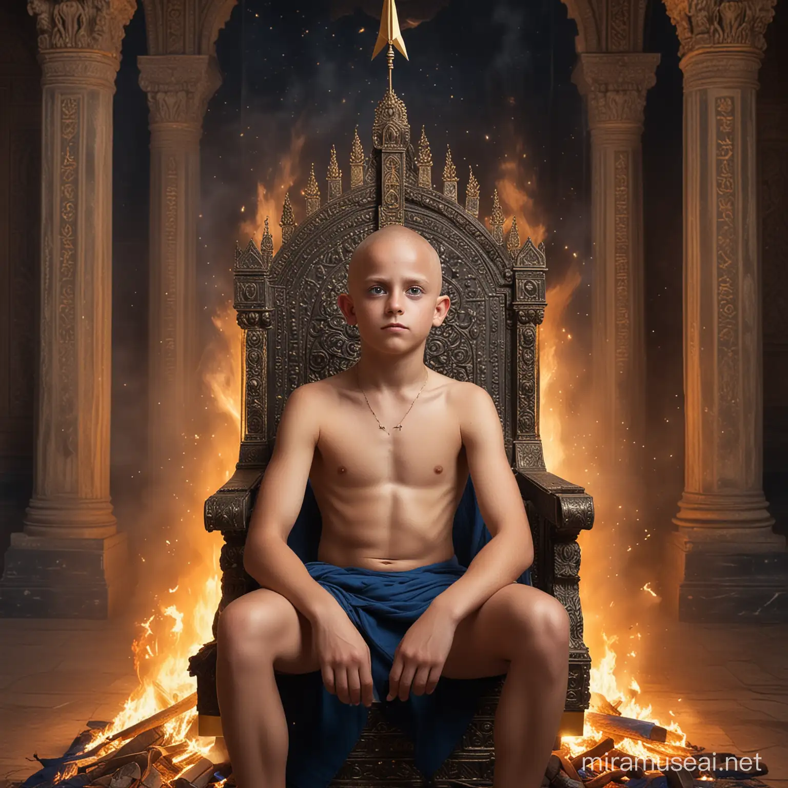 Majestic Young Boy on Fiery Throne in Hindu Palace