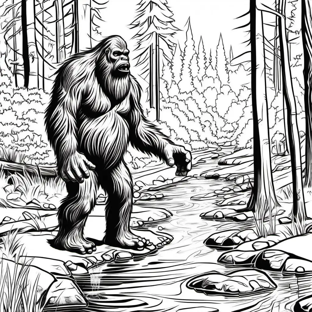 Bigfoot witnesses a couple having a romantic lunch near a stream, coloring pages