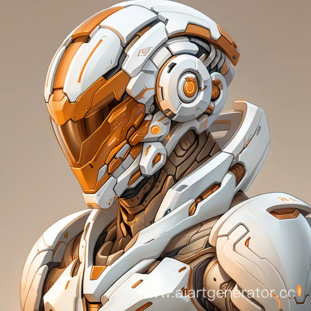 Young Male, Cyborg, implants, futuristic armor, white beige orangish colors, closed helmet, high quality, portrait 