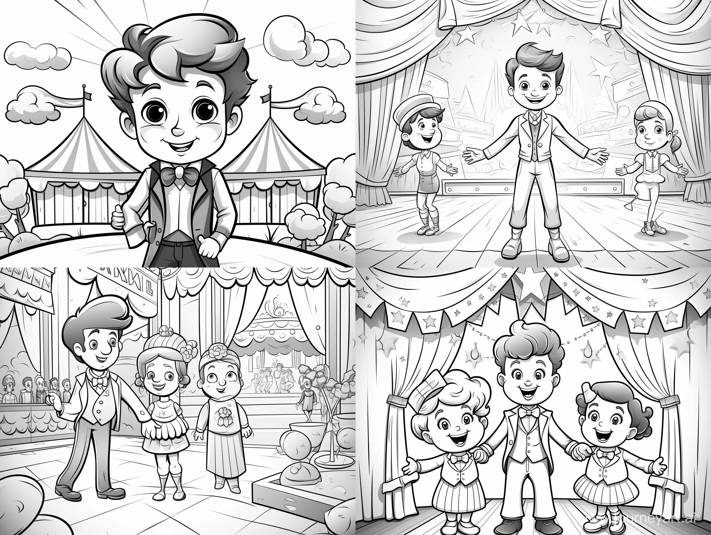 cartoon coloring page, children make a showman
