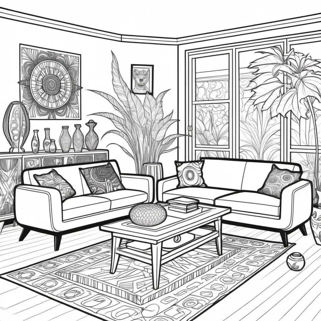 create a coloring book for adults that is of an home interior that has a blend of  organic modern, transitional theme with afro bohemian elements and some vintage MCM furniture.The illustrations should be intricate but should be open so that they can be colored in later.
