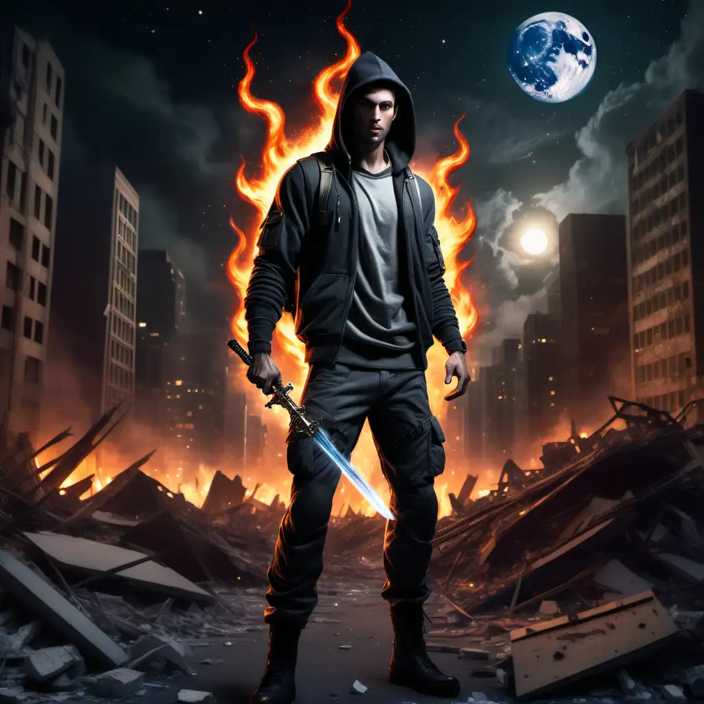 Desolate Urban Night Scene with Lone Hero and Flaming Sword