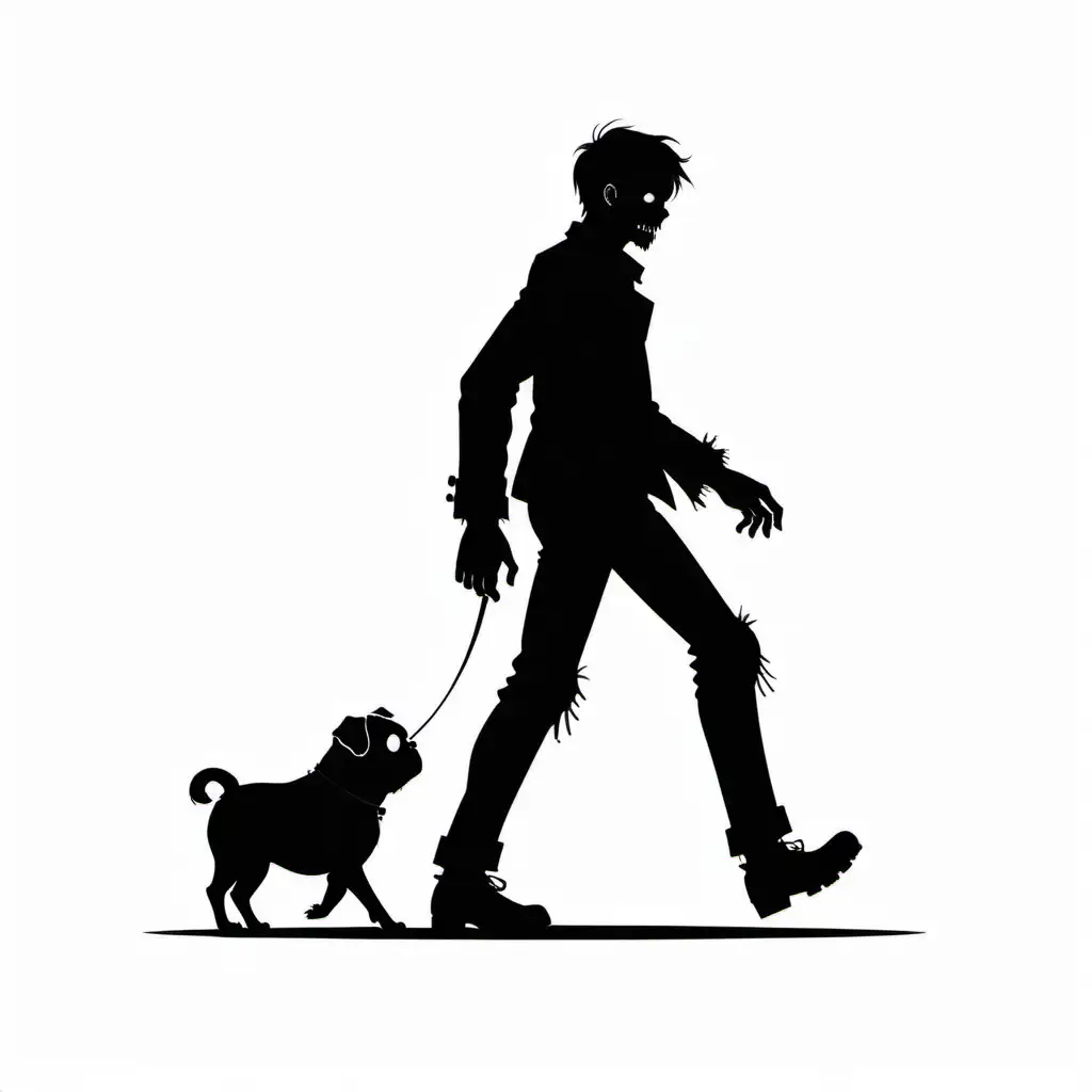 simple side view of a silhouette of a cartoon male zombie walking a pug, vector image, white background, anime