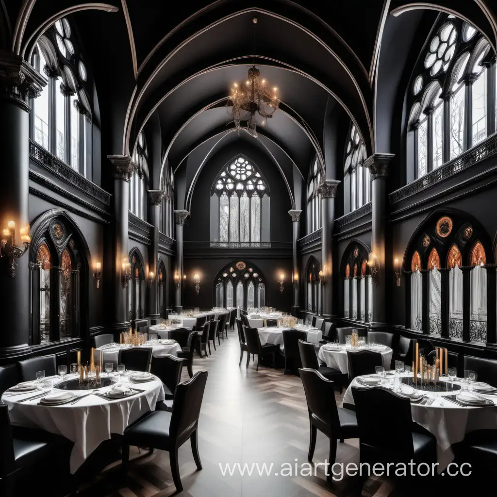 изобрази основной зал элитного ресторана в готическом стиле на 70 столов