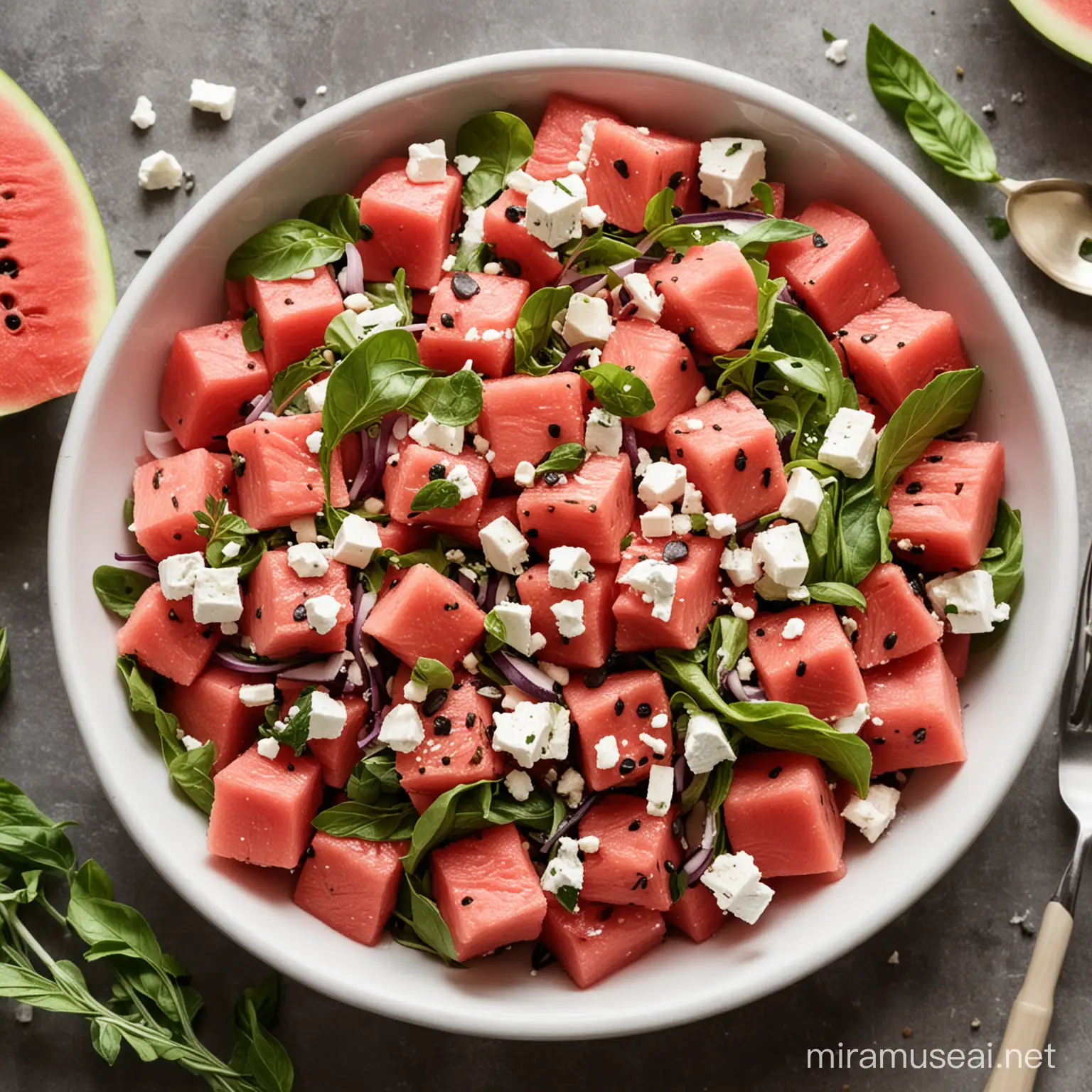 Refreshing Watermelon Feta Salad with Mint Leaves