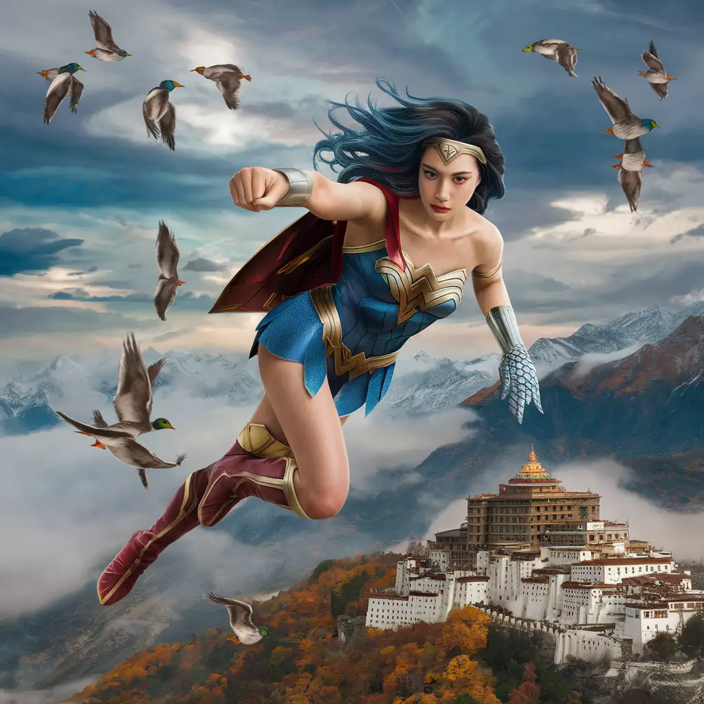 birdview , ultra detail ,SUPER WOMAN real face 28years old fanbingbing WITH THE OUTFIT OF SUPERMAN, open blue hair, shining eyelights, flying over sharp cliff in higher air flying, real fist and real scale hand properly , real super longer legs extend, autumn, cloudy, misty ,clearsky, mallard scared by her, vast moutain around,real look Potala Palace，tibet