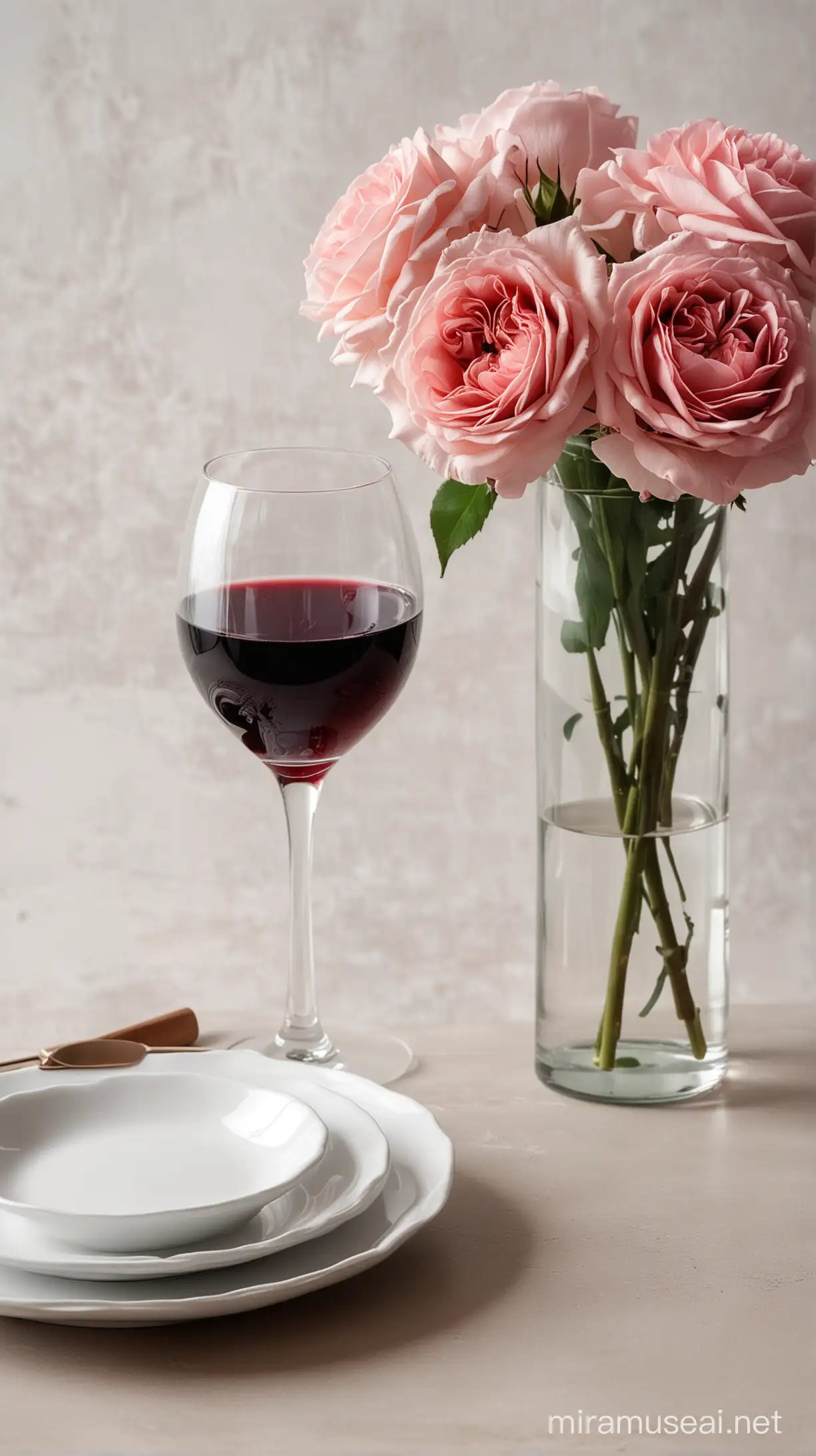 foreground on the table is a glass of red wine, next to it is an empty white plate on the table, background on the table are delicate roses in a vase, light background, minimalist style, close-up