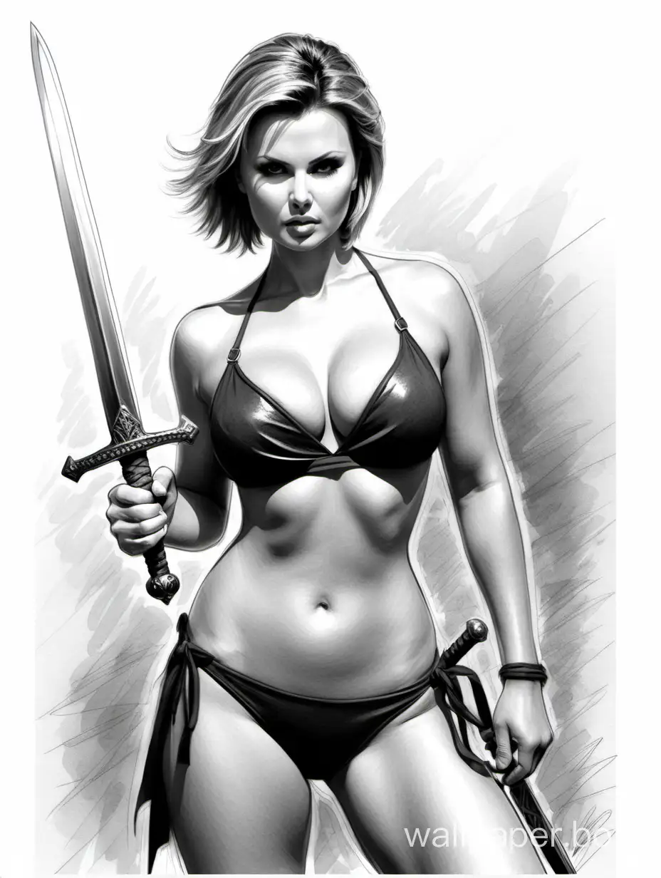 Anna Semenovich, warrior, sword, short haircut, bikini, black and white sketch