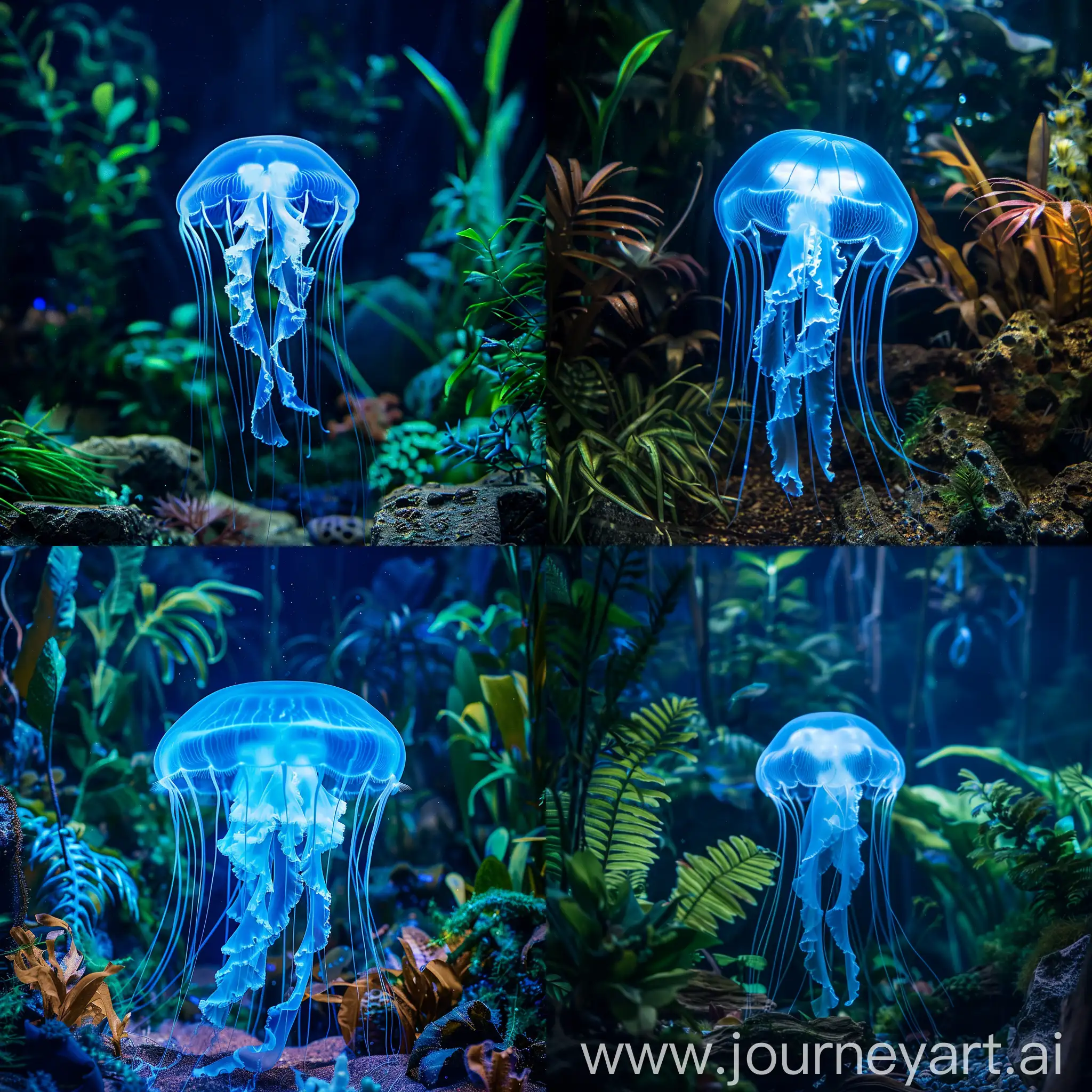 A beautiful transparent blue luminous jellyfish on the bottom of the ocean, in the background the dark bottom of the ocean and fantastic plants all around