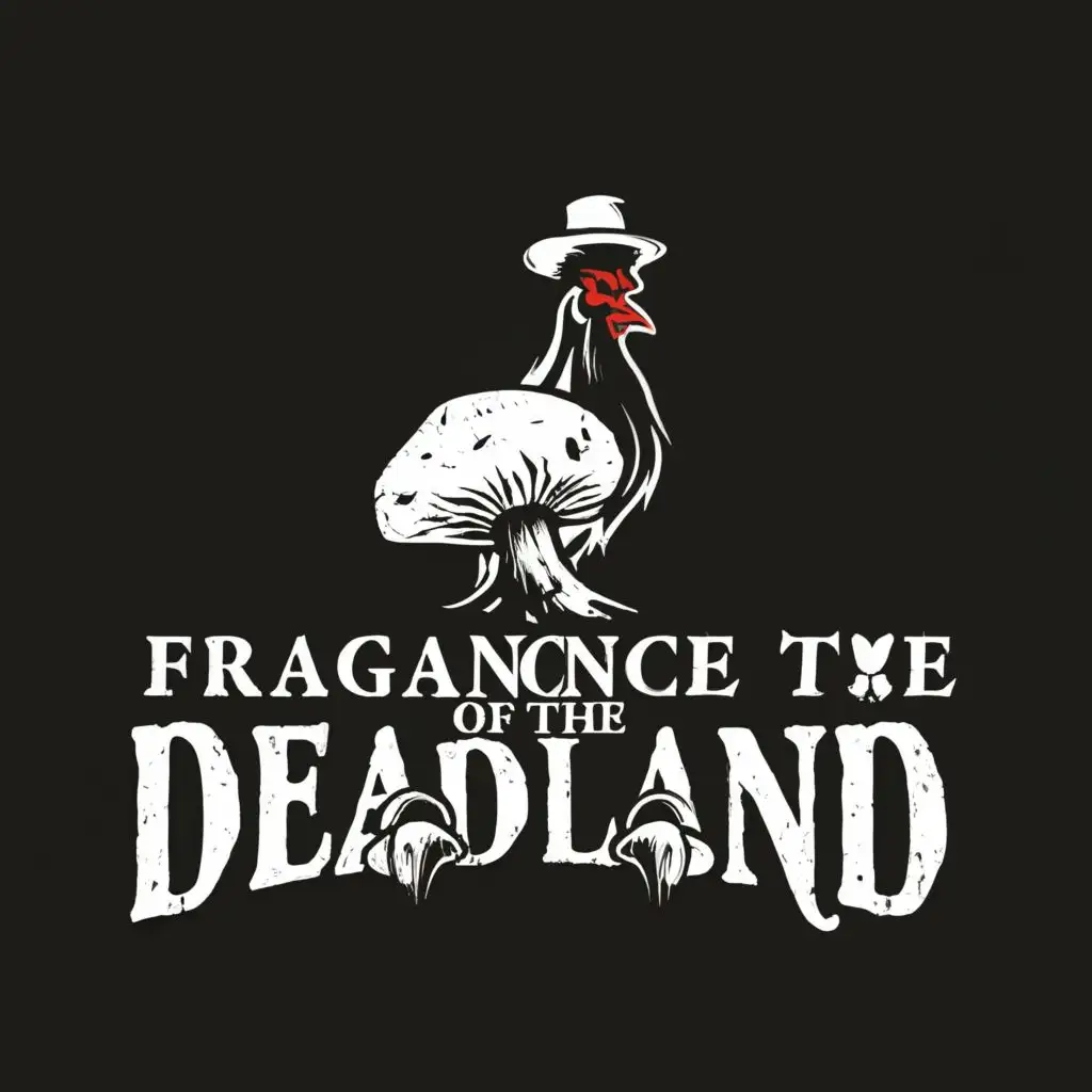 a logo design,with the text "Fragrance of the Deadland", main symbol: A logo design that combines the silhouette of a black chicken with the cap of a mushroom, creating a harmonious and organic composition.,Moderate,clear background