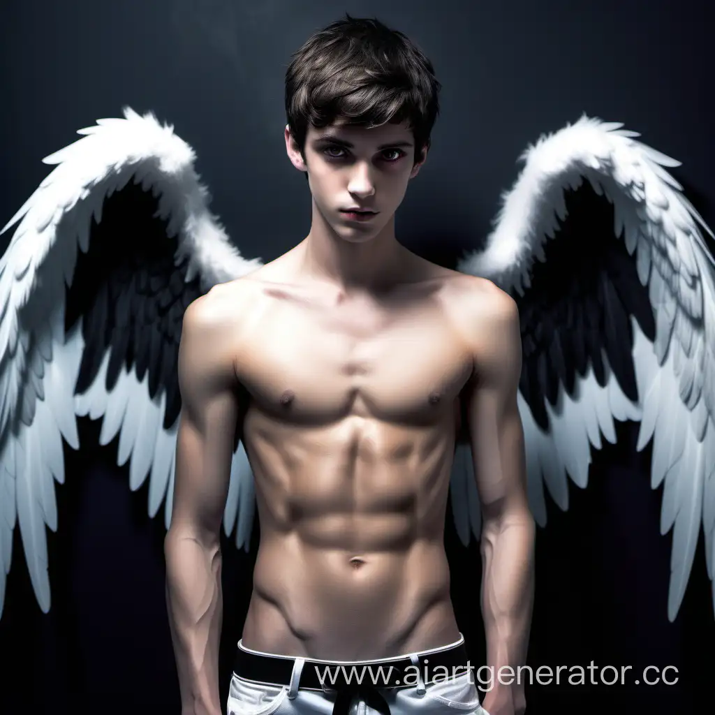 Guy, perfect body, angel,brunette, twink, slim, black wings, brutal, short hair, trickster, glowing eyes
