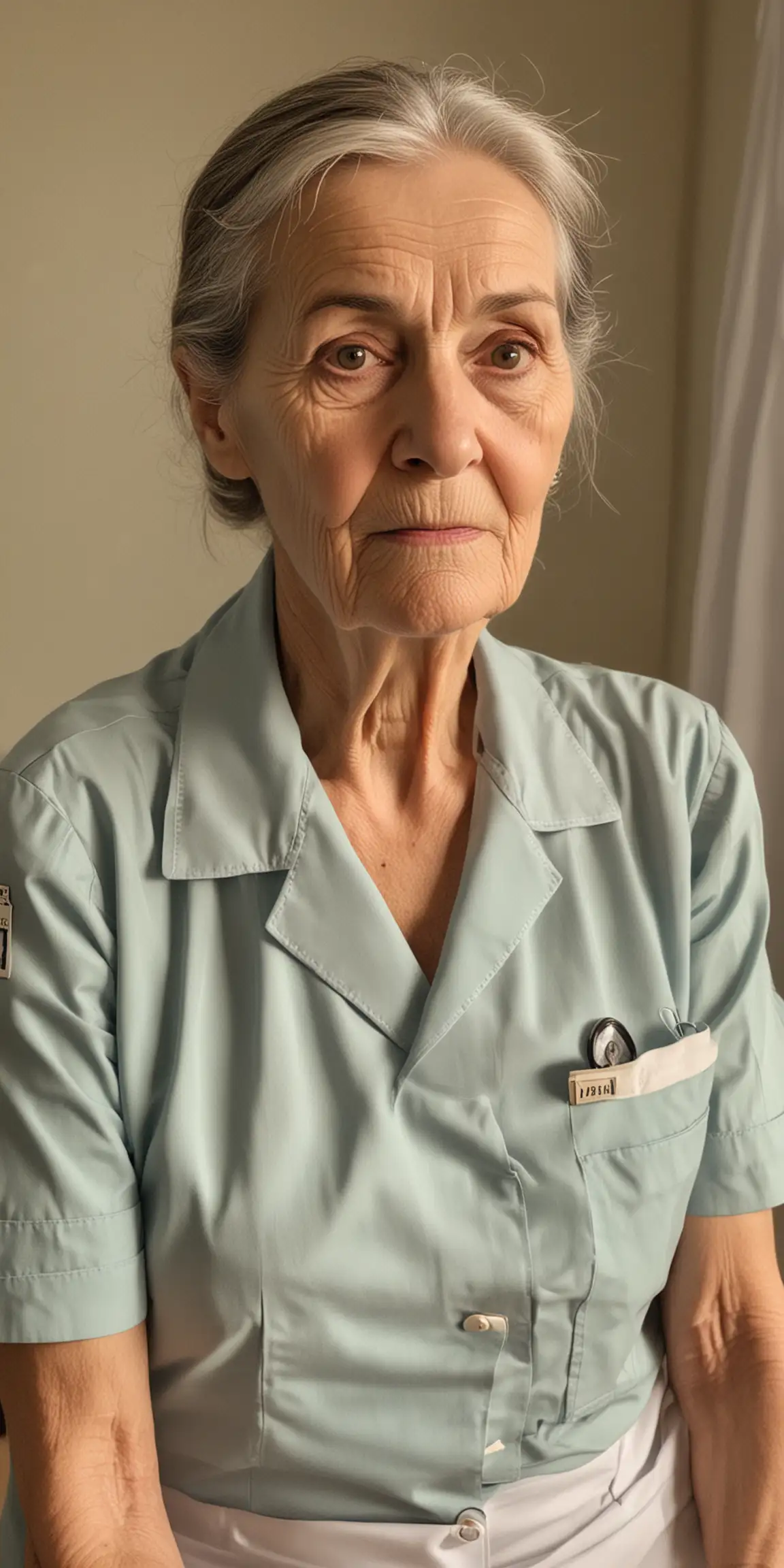 ugc image of a 84 year old nurse, wearing uniform, looks sick or unhealthy