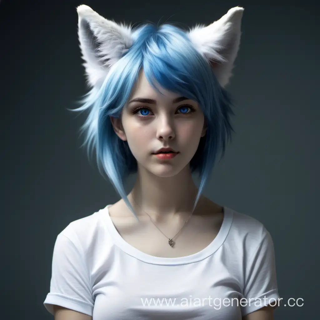 Girl, fox, fox ears, blue hair, blue eyes, white top, furry style, realism, calm atmosphere