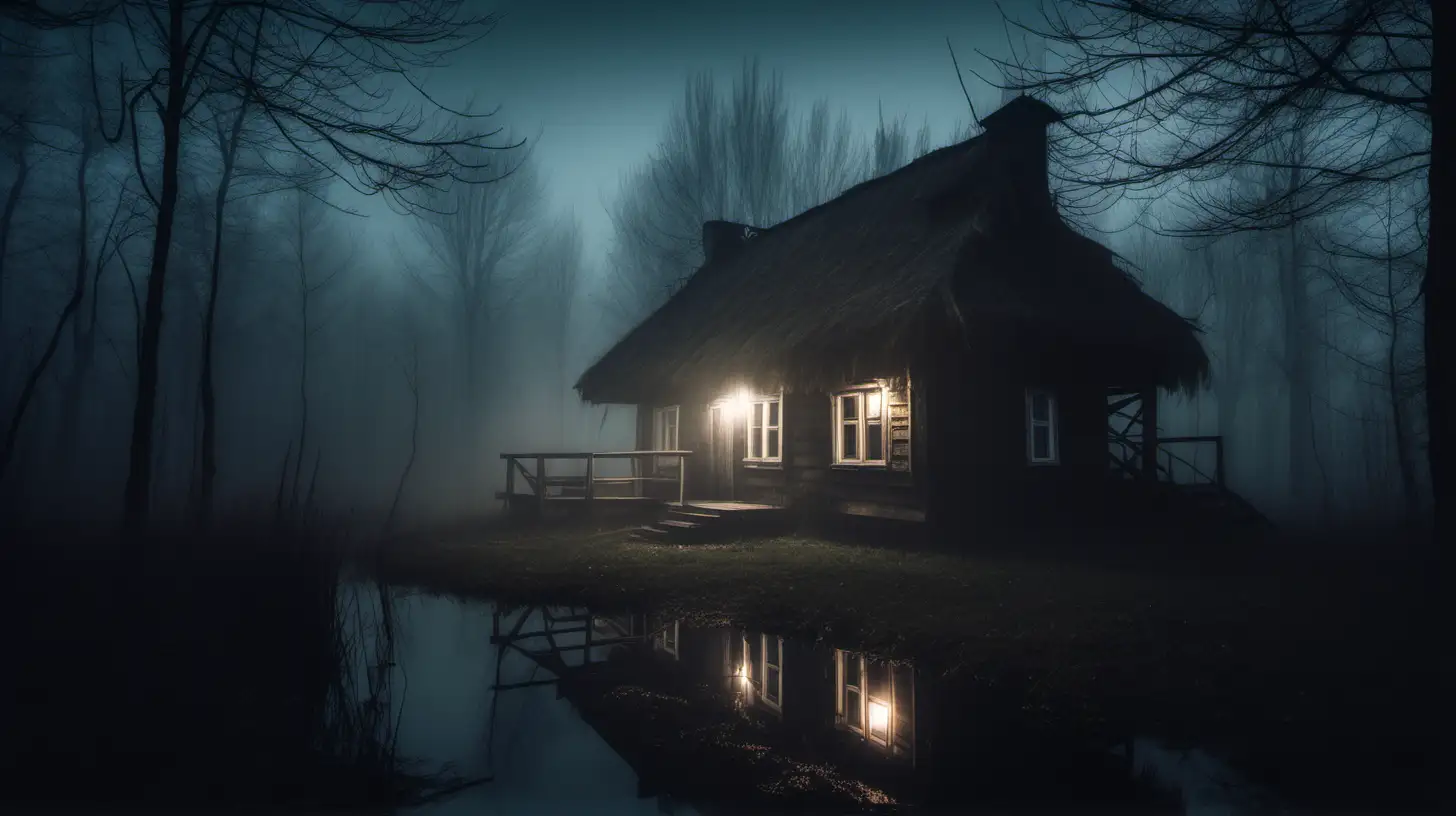 noc, drewniana polska chata na mrocznych bagnach w starym lesie, mgła, atmosfera horroru 