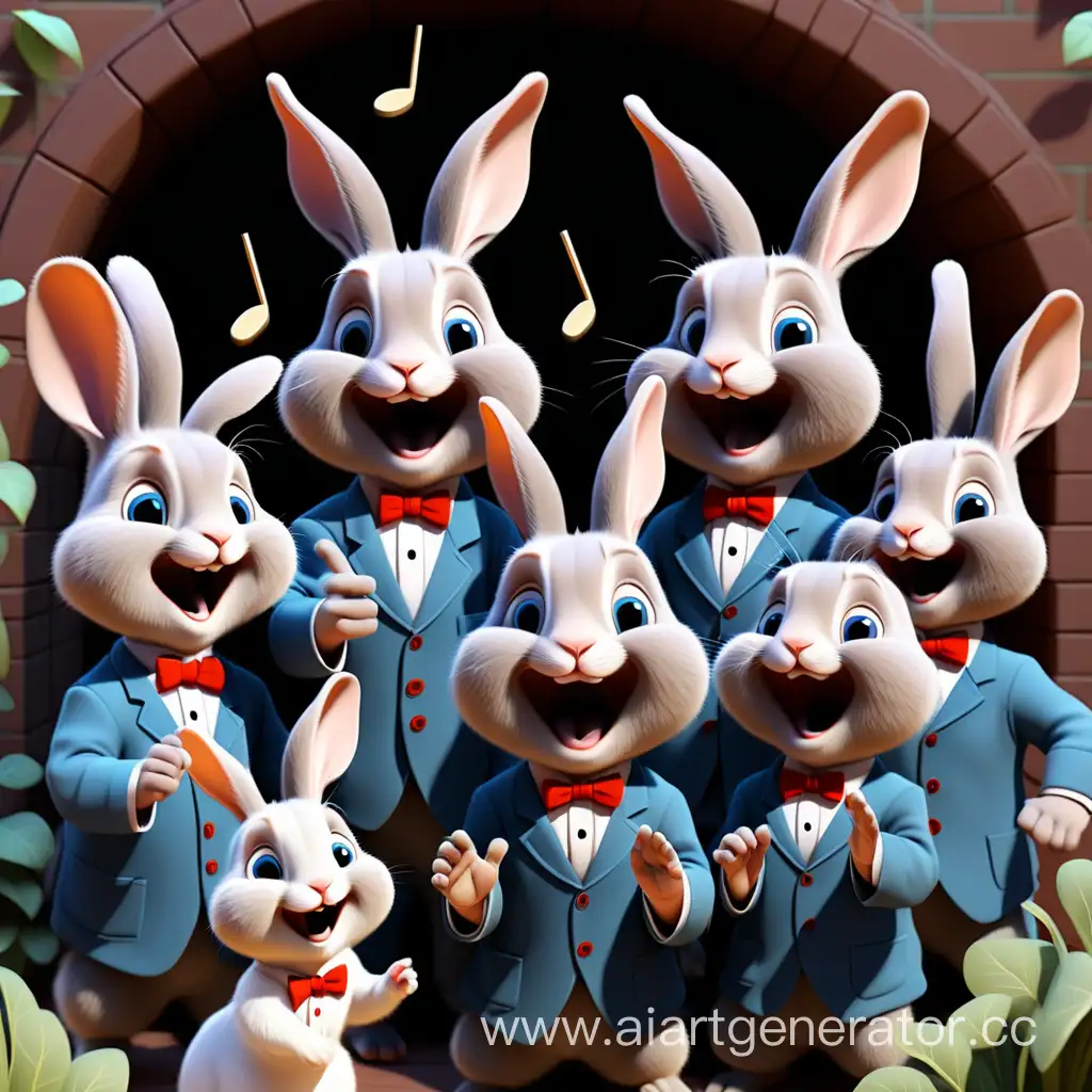 хор шестерых зайцев кроликов детишек поют веселые песни и один дирижёр