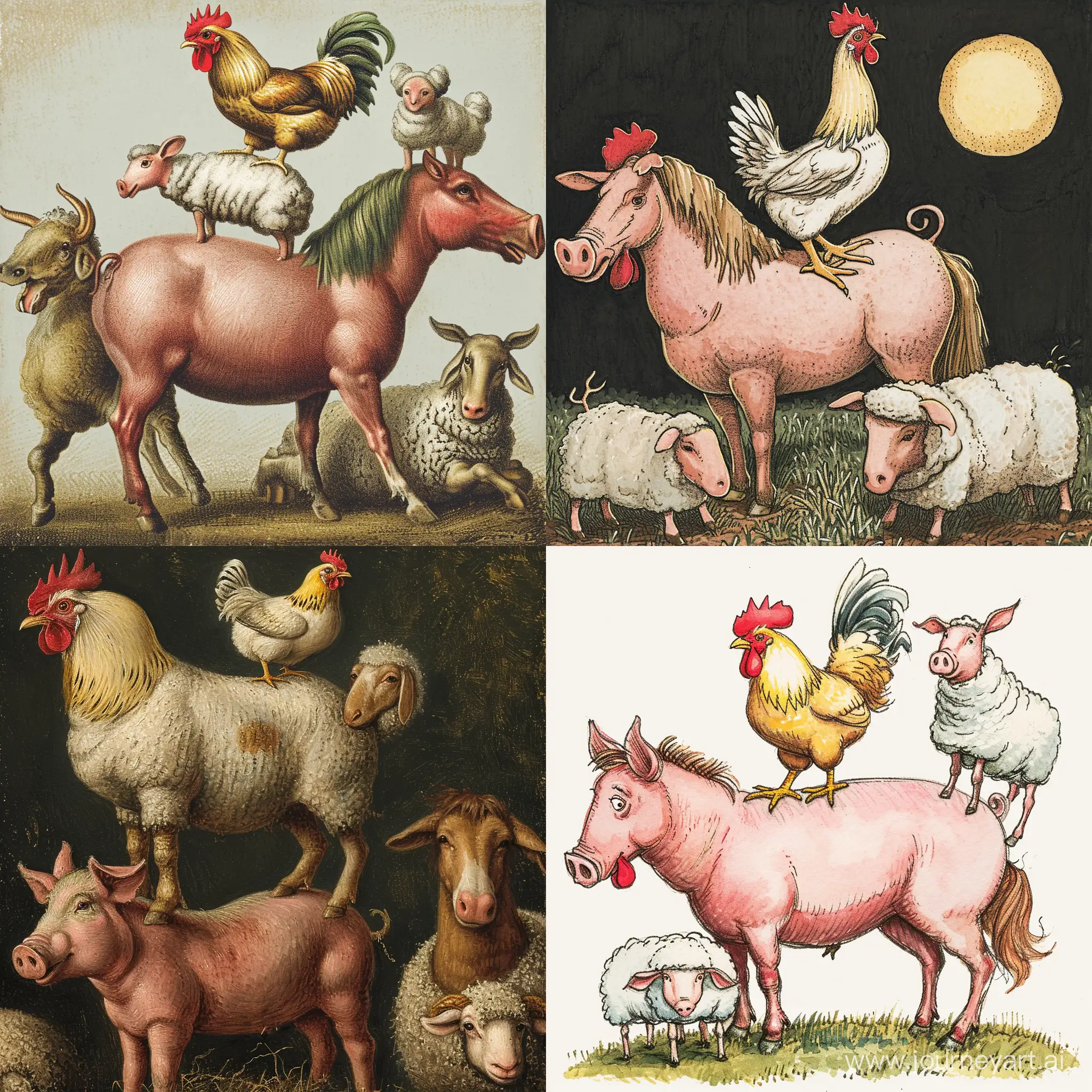 鸡站在猪的背上，猪站在马和羊的背上