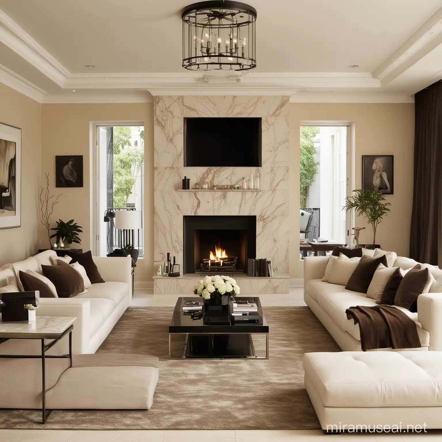Modern Black Brown and Cream Living Room with Marble and Glass Accents