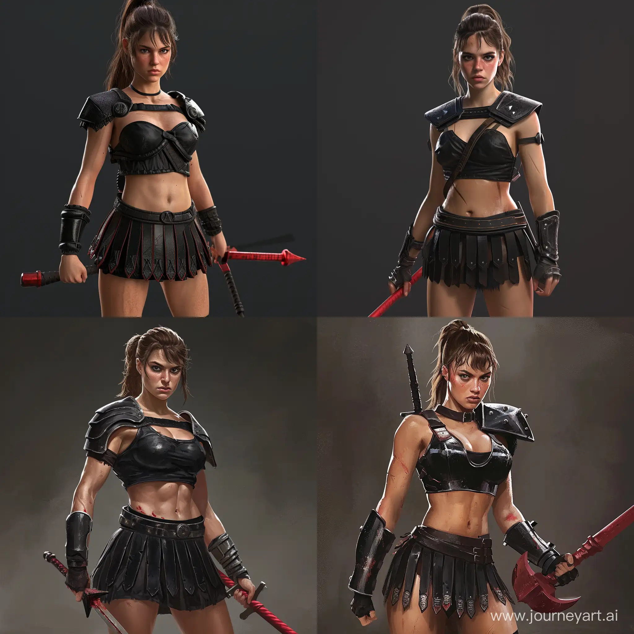 A gladiator princess, wearing black shoulderplates, a black short chestplate exposing her stomach, and a black plate skirt above knee length. She has brown hair in a ponytail of medium length, fierce expression, lightly tanned skin. She is wielding a red steel flail