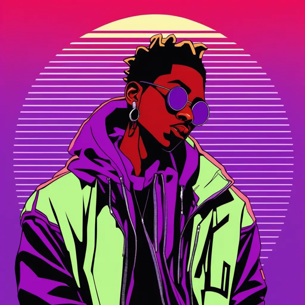 boy in the style of light green and purple, hip hop aesthetics, bold, graphic shapes, sun-soaked colours, neo-geo, light black and red