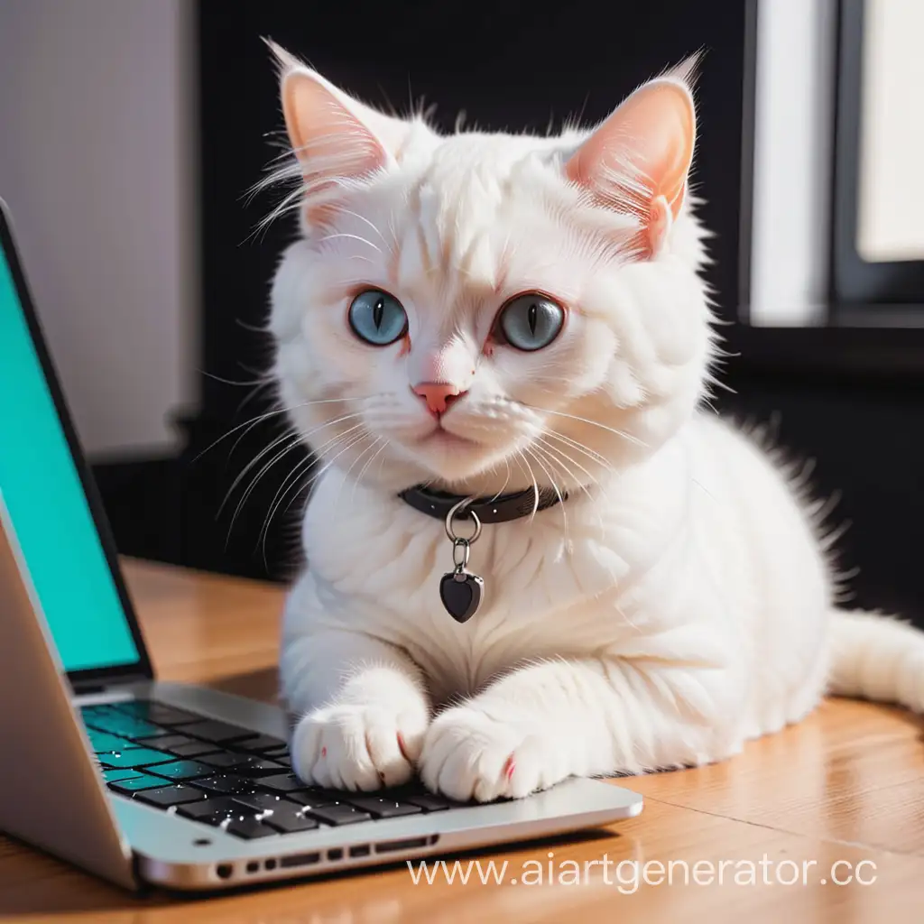 милый белый котик сидит за ноутбуком и пишет код
