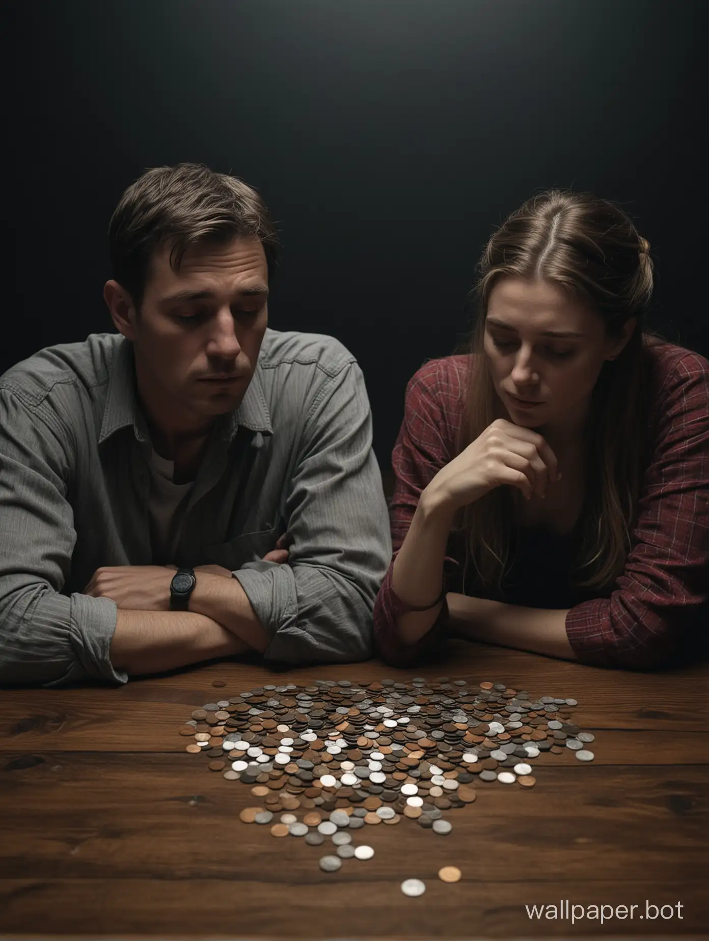 A sad couple sits at a table counting the small amount of coins they have,  cinematic, dark, sad