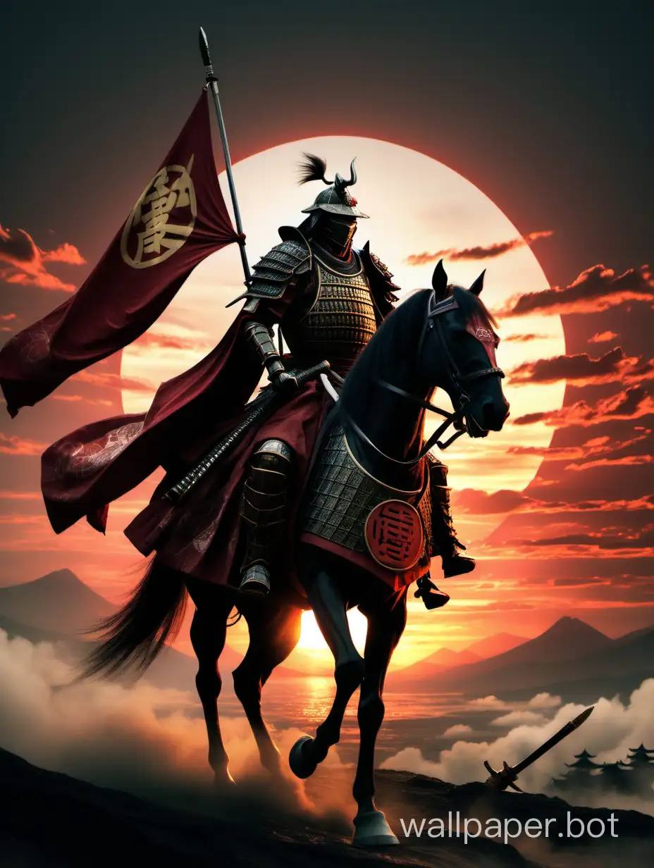 A legendary  armored samurai on horseback holding a war banner riding away from you into the sunset