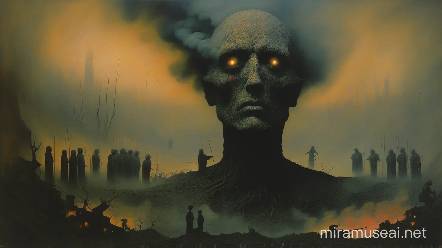 war, smoke, dark, surrealismstyle as Zdzislaw Beksinski's paintings