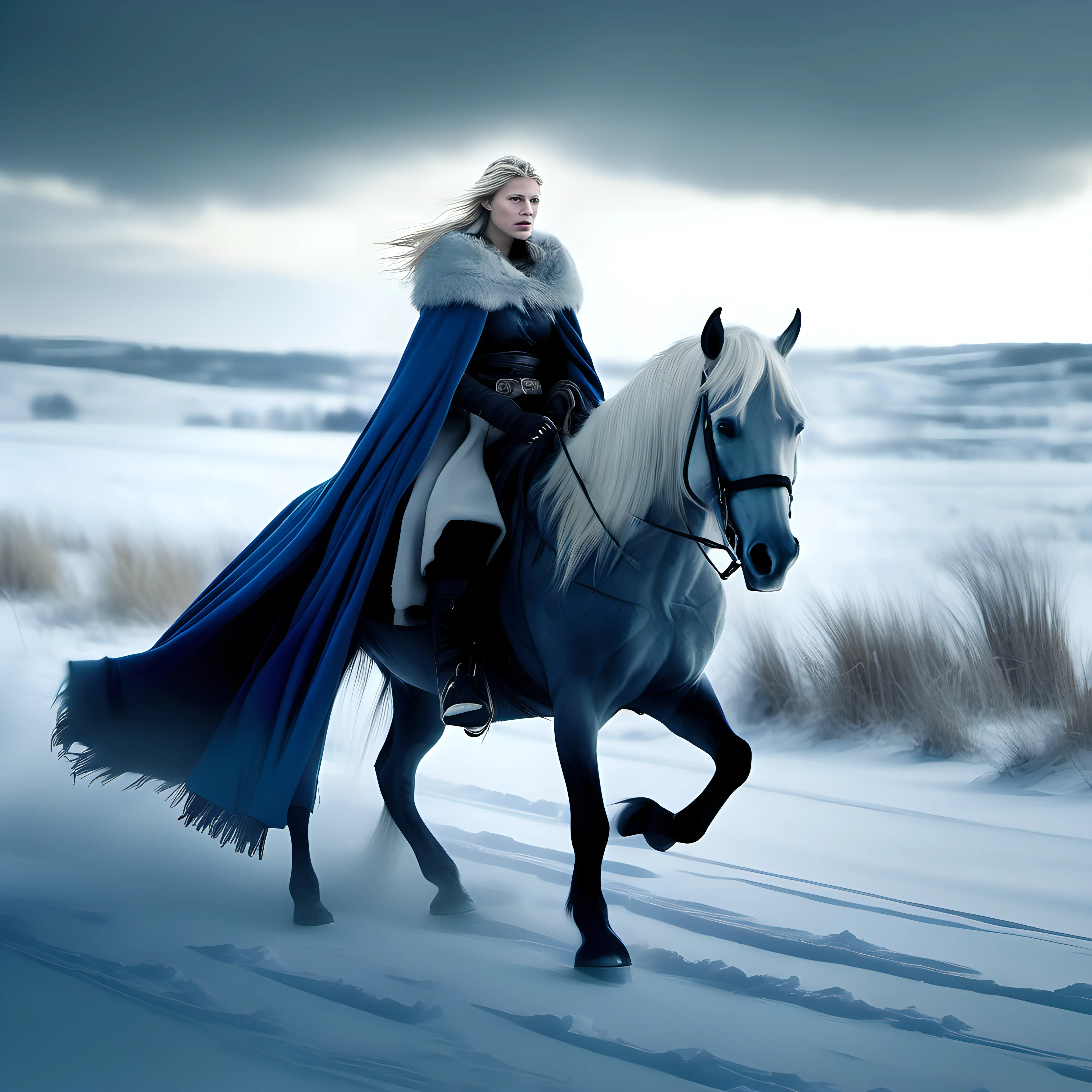 Blond Viking Woman Riding Black Horse in Winter Landscape