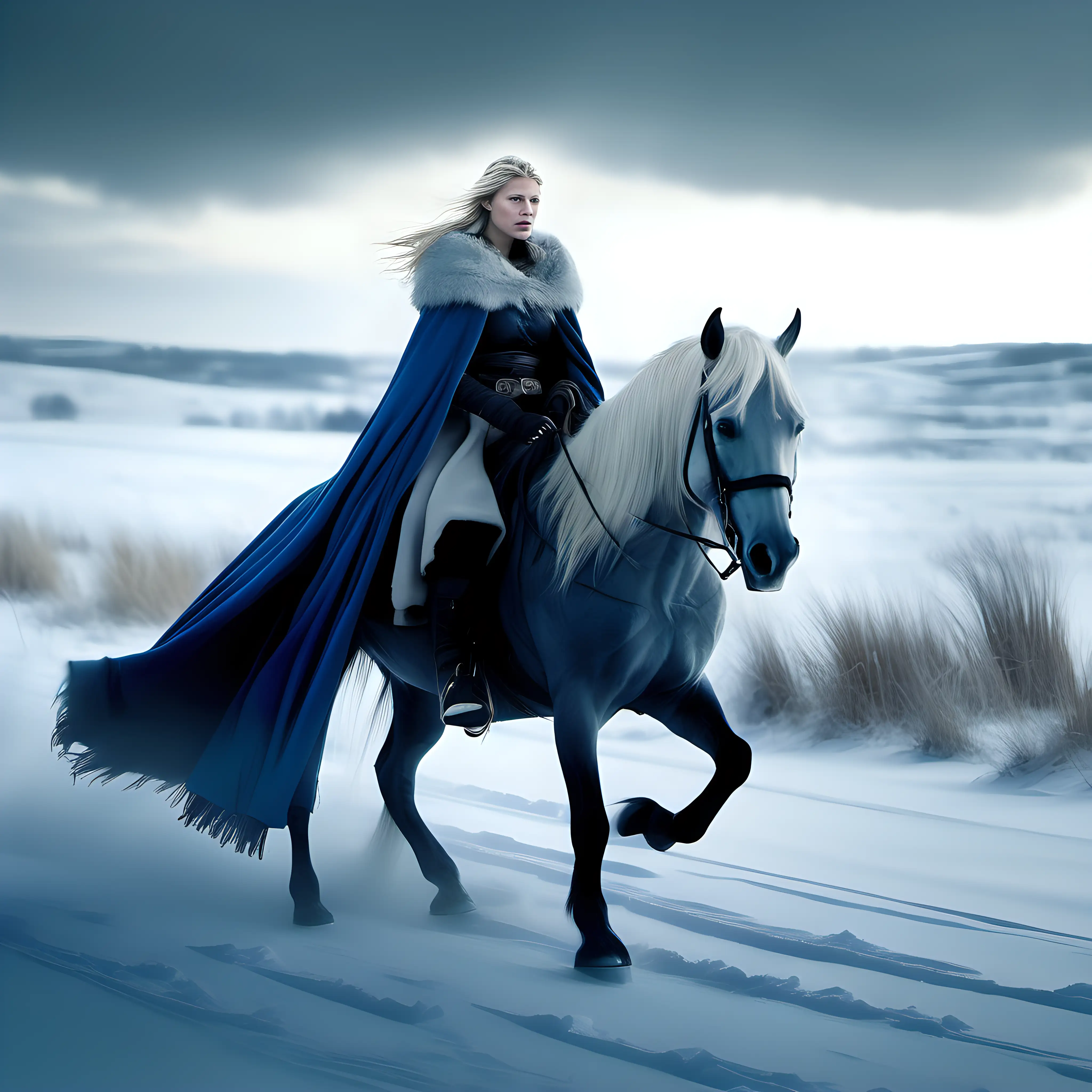 Cinematic photo of a blond viking woman riding a black horse with silver mane. She is dressed in a blue dress, dark trousers and a white fur cloak. She is alone in an open winter landscape. 