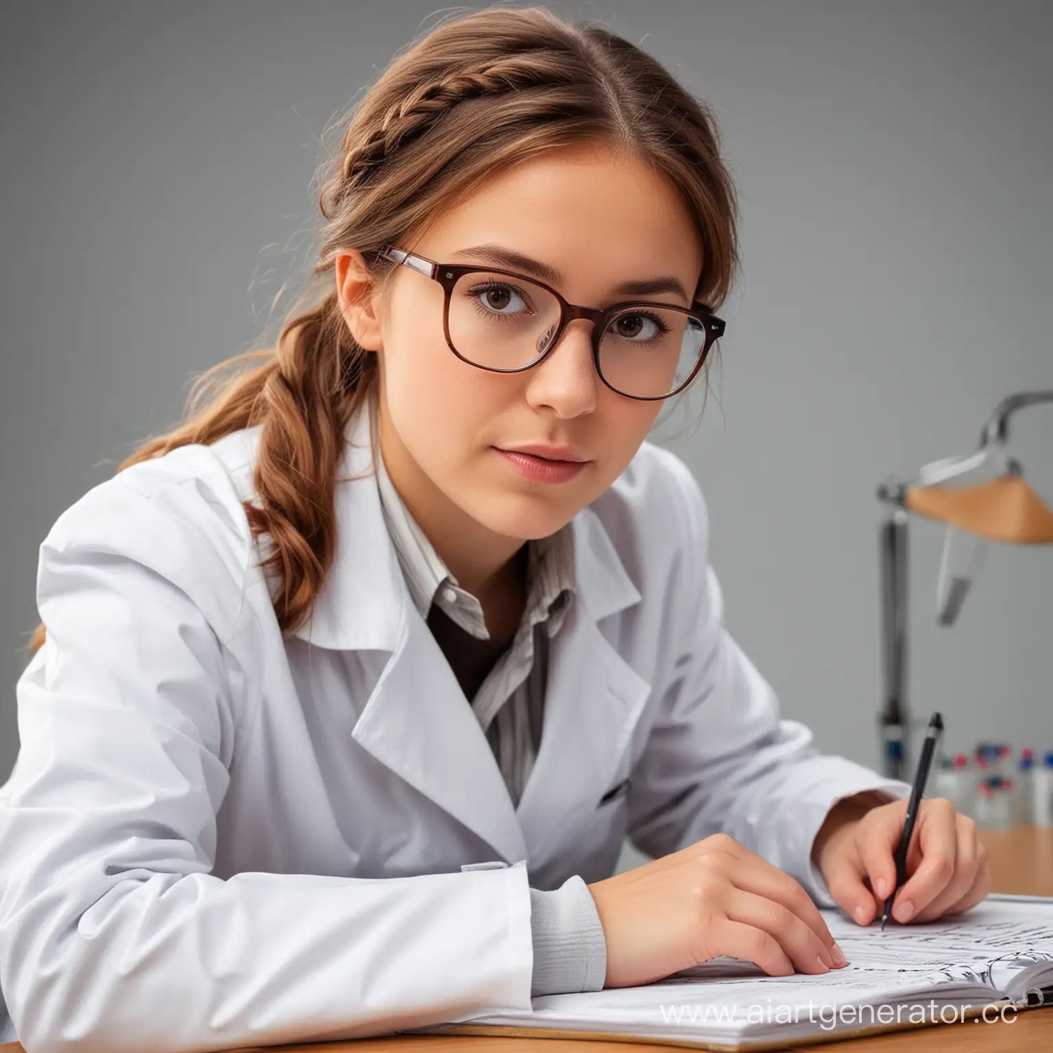 A brown-haired scientist with a pigtail in a white coat and glasses is sitting at a table