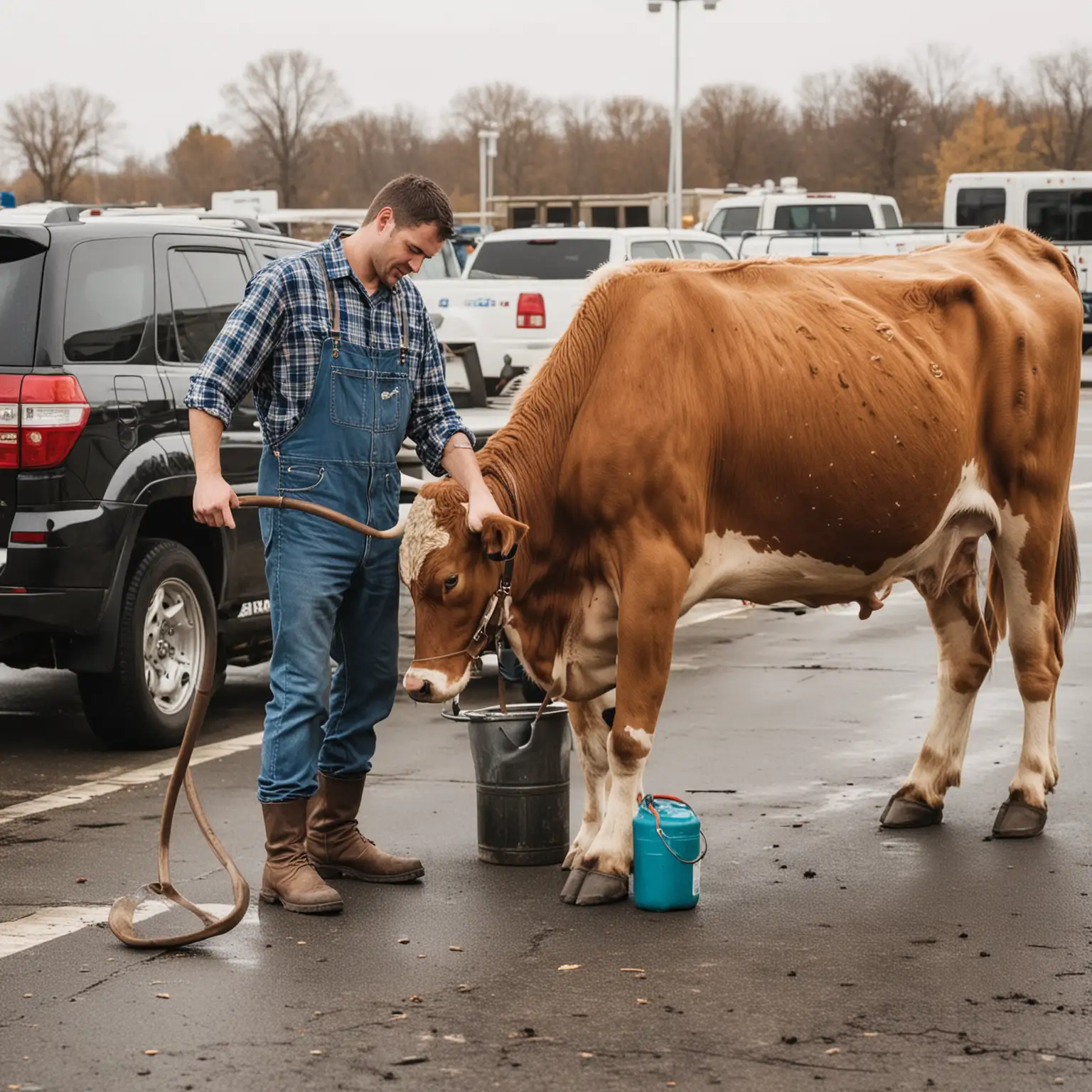 farmer milking a cow in parking lot