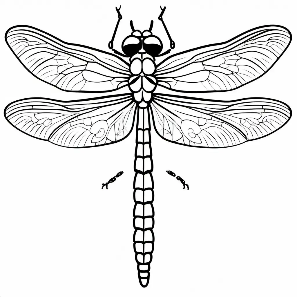 dragonfly top view, Coloring Page, black and white, line art, white background, Simplicity, Ample White Space. The background of the coloring page is plain white to make it easy for young children to color within the lines. The outlines of all the subjects are easy to distinguish, making it simple for kids to color without too much difficulty