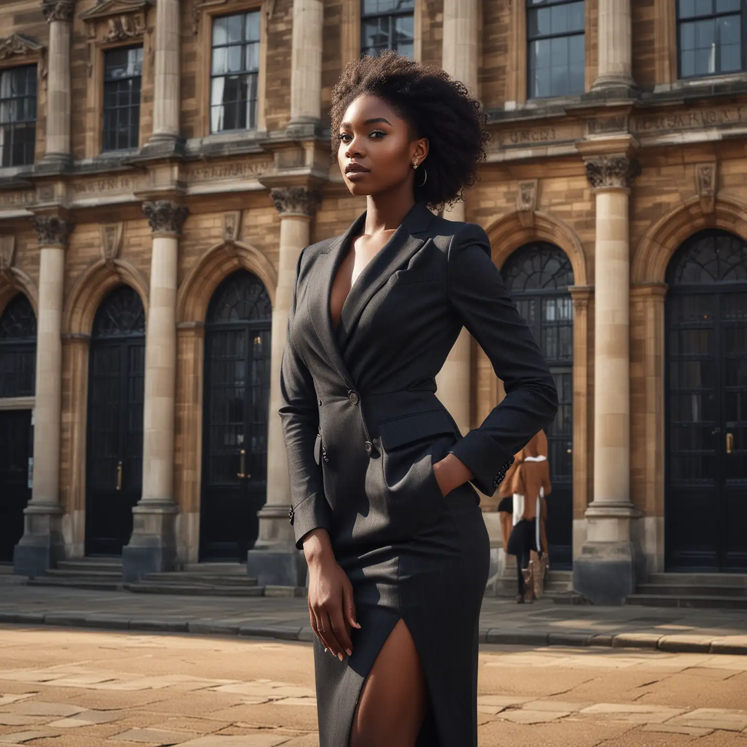 "A photorealistic portrait of a 26-year-old Nigerian woman, standing confidently in front of a prestigious university in the UK, with her ebony skin glowing against the historical architecture. She has luxurious, wavy black hair that cascades around her shoulders and deep black eyes that exude intelligence and warmth. Her style is the epitome of professional grace, dressed in a modest, tailored gown beneath a sleek blazer, complemented by elegant high-heel shoes. The image is captured in 8k HDR, offering an extraordinary level of detail from the texture of her attire to the expression of poised ambition on her face. The lighting is crisp and clear, highlighting her features with a high-quality finish, ensuring every detail from the surroundings to her natural beauty is vivid and engaging."