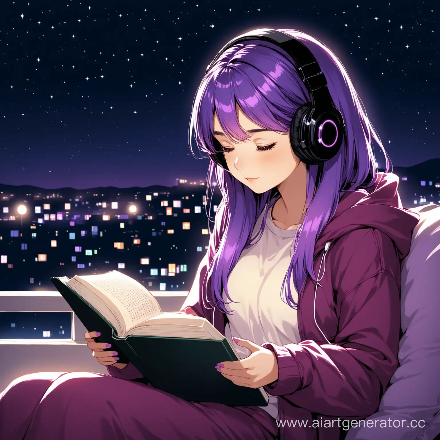Girl-with-Purple-Hair-Reading-Book-at-Night-with-Headphones