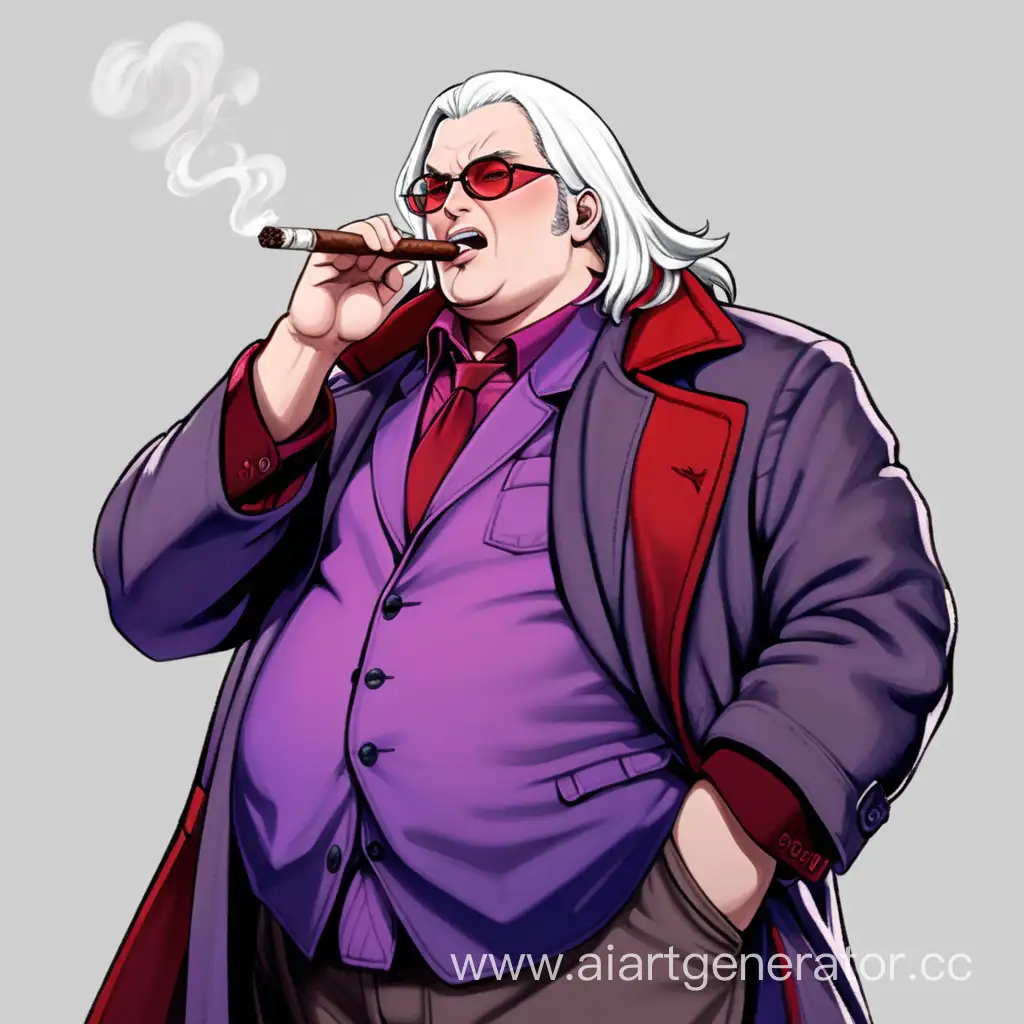 fat guy, with long white hair, glasses on his eyes, cigar in his mouth, wearing a coat, 2k, 4k, anime drawing style, reference dante, devil may cry 5. the accent in colors is bright