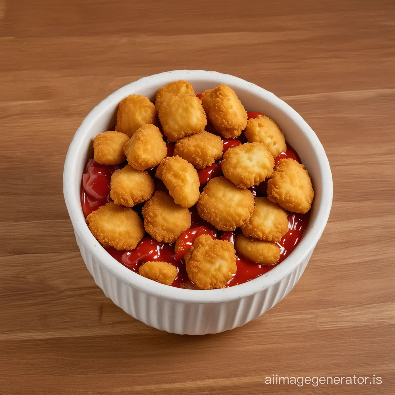 A bowl that's the size of a mountain full of chicken nuggets with ketchup.