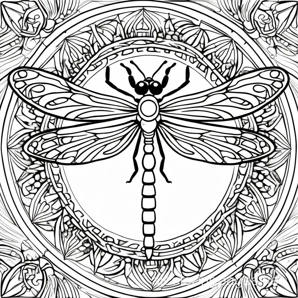 dragonfly inside a mandala, Coloring Page, black and white, line art, white background, Simplicity, Ample White Space. The background of the coloring page is plain white to make it easy for young children to color within the lines. The outlines of all the subjects are easy to distinguish, making it simple for kids to color without too much difficulty