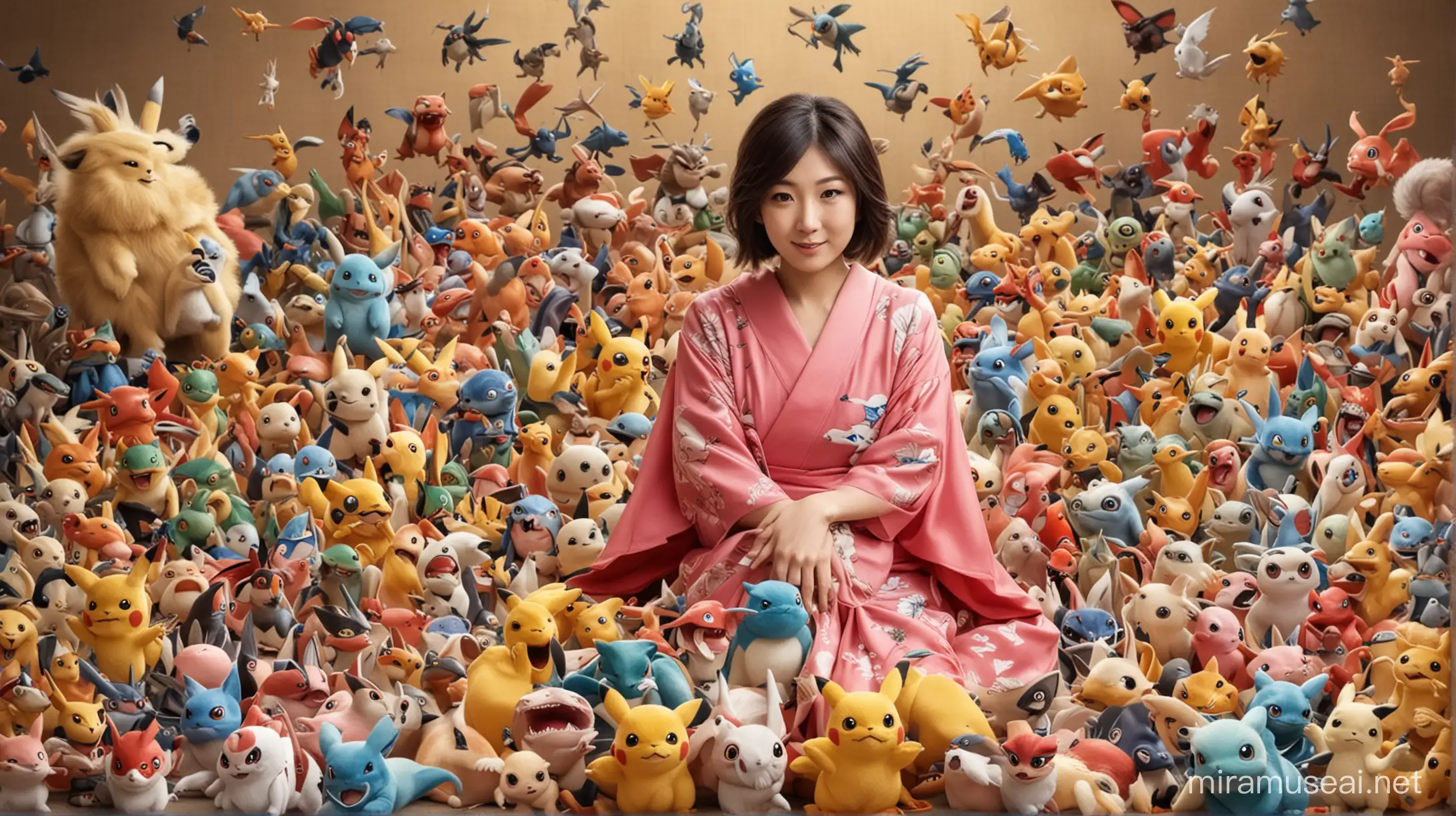 japanese lady surrounded by different pokemons
