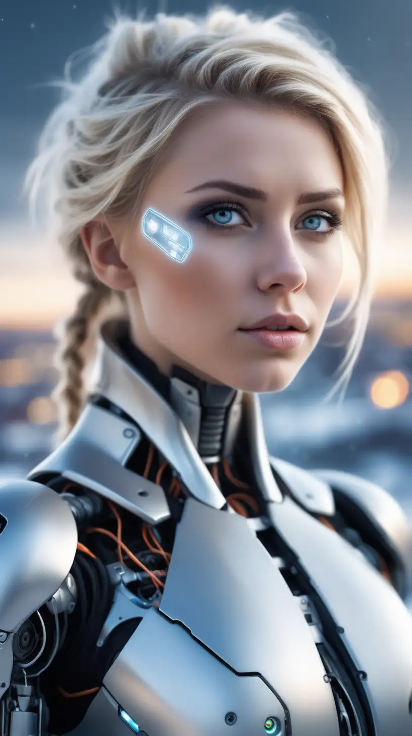 Beautiful Nordic woman, open battle wounds on face, detailed eyes, big breasts, dark eye shadow, messy blonde hair, as a robot woman with a futuristic earpiece, close up, bokeh background, soft light on face, rim lighting, facing away from camera, looking back over her shoulder, standing in front of a snowy landscape with a futuristic city off in the distance, photorealistic, very high detail, extra wide photo, full body photo, aerial photo