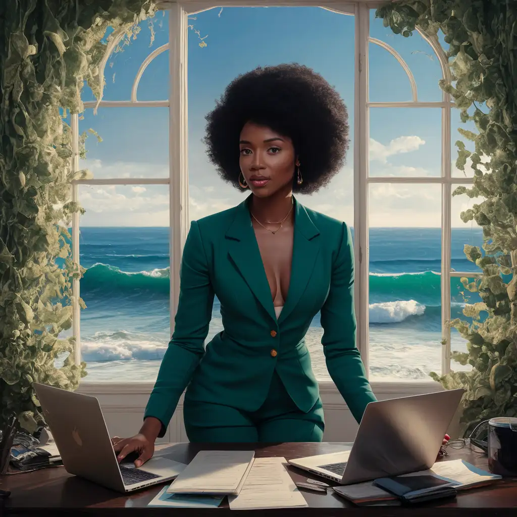 generate a picture of a black lady wearing a green pantsuit sitting at a desk behind a laptop with a window behind her showing the ocean