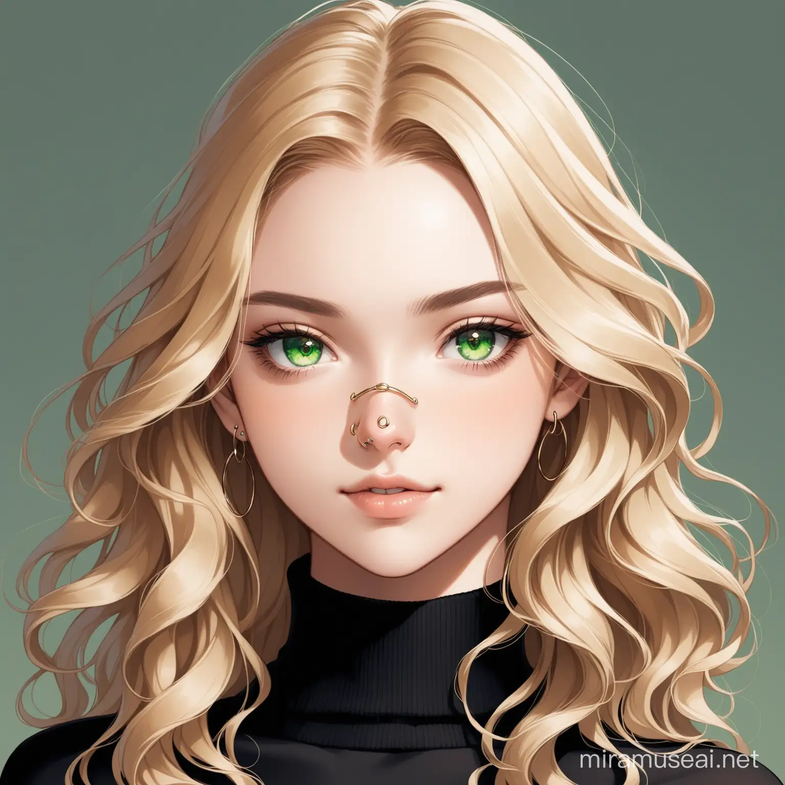 caucasian female around 19 years old with blonde wavy hair, green eyes and a nose ring wearing a black turtleneck wit a plain light background.
