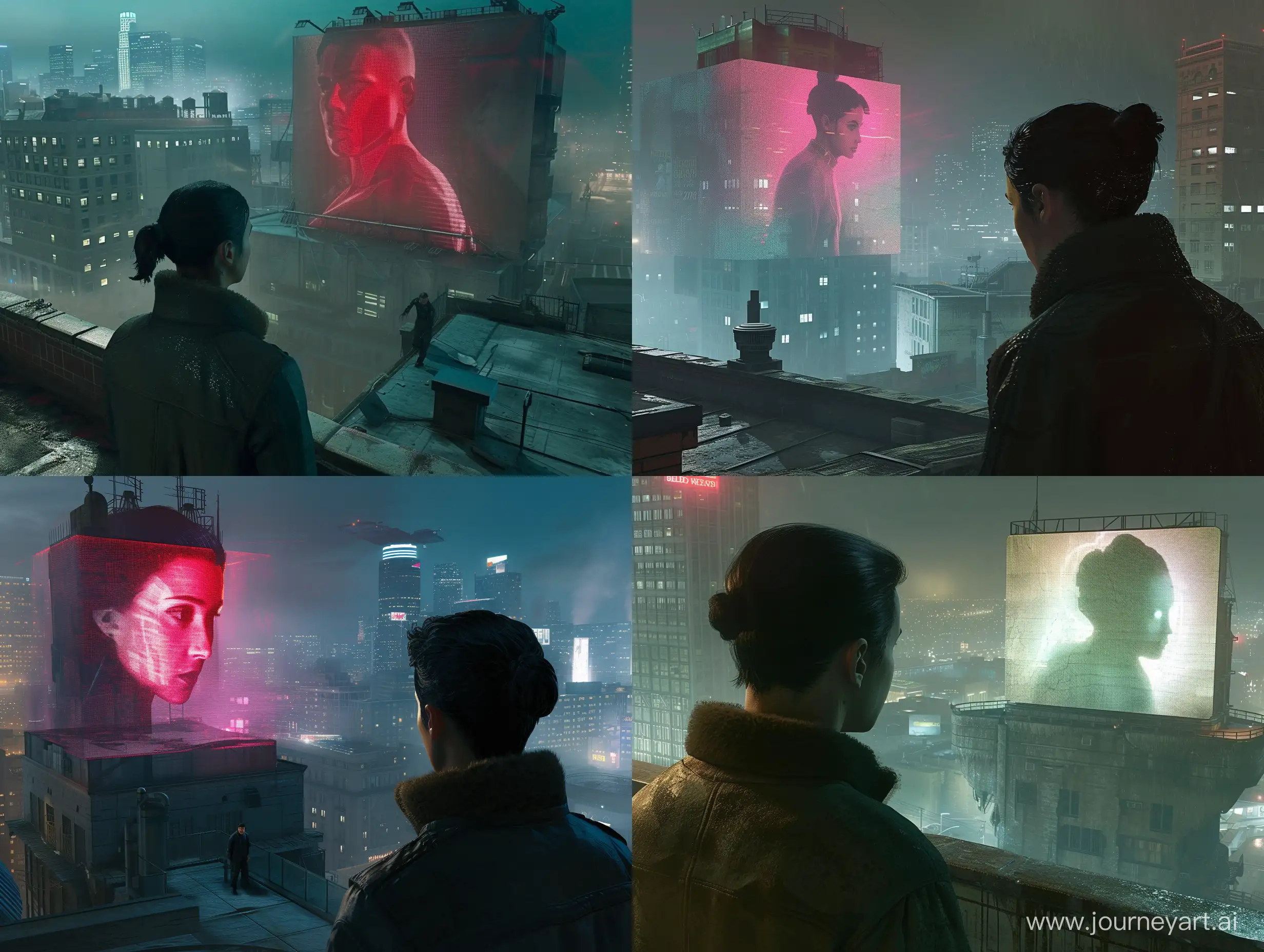 "Blade Runner 2049" is a video game set in a futuristic city in Los Angeles with advanced ray tracing visuals, featuring a third-person perspective. Specifically designed for the PS5, this version highlights the main character, portrayed by Ryan Gosling, as he explores a rooftop environment and observes a colossal holographic woman on a distant building, delivering a vast open-world adventure powered by the Unreal Engine, all set in a nighttime backdrop.
