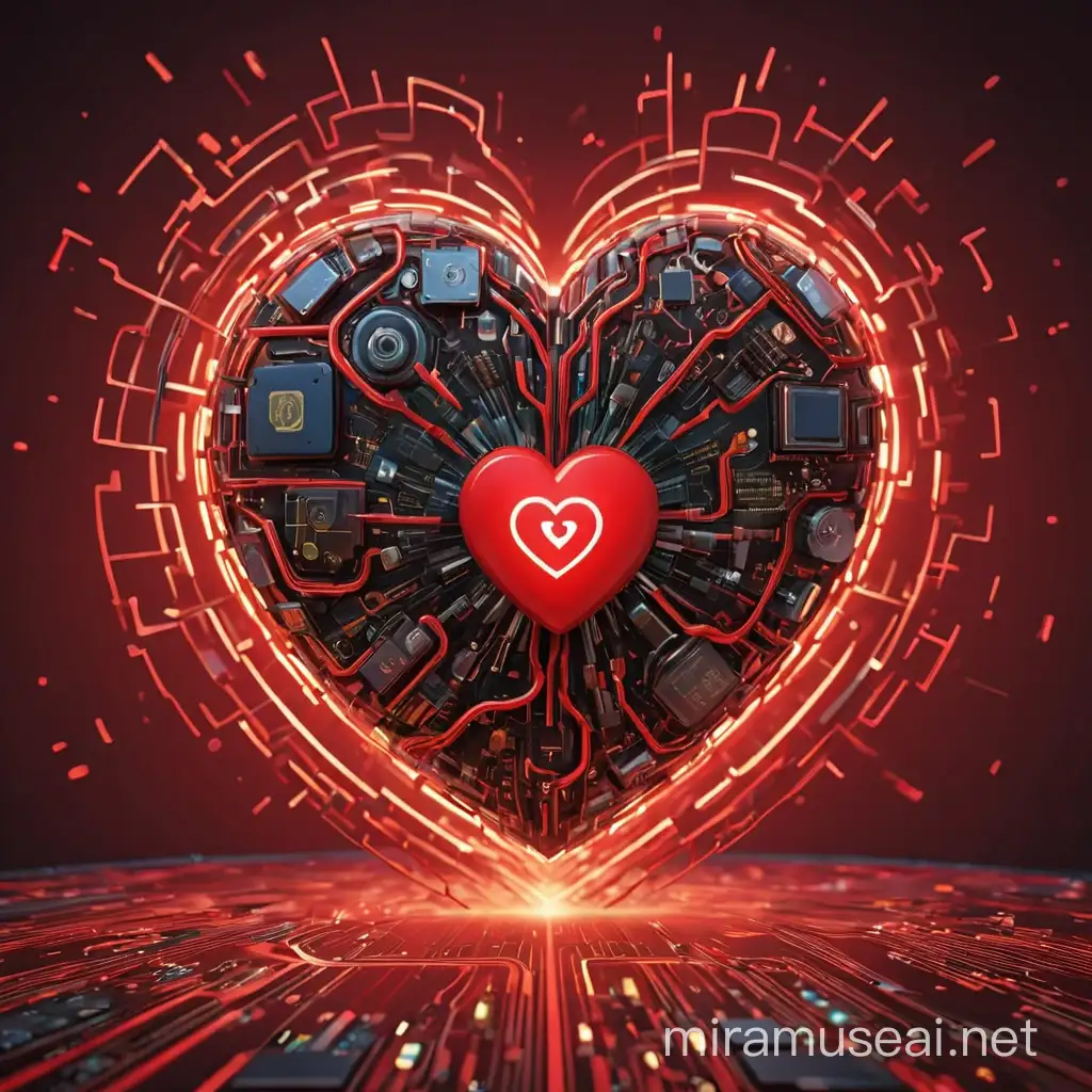 Un cuore stilizzato che simboleggia le attività dei servizi digitali. Il cuore è composto da elementi tecnologici come circuiti e icone digitali, che rappresentano l'innovazione e la connettività nel mondo digitale. I colori utilizzati sono toni moderni e accattivanti, che riflettono l'ambiente tecnologico. La composizione è equilibrata e armoniosa, con dettagli intricati che evidenziano la complessità dei servizi digitali. Lo sfondo è rosso e mette in risalto il cuore digitale al centro dell'immagine. --ar 16:9 --v 5 --q 2
