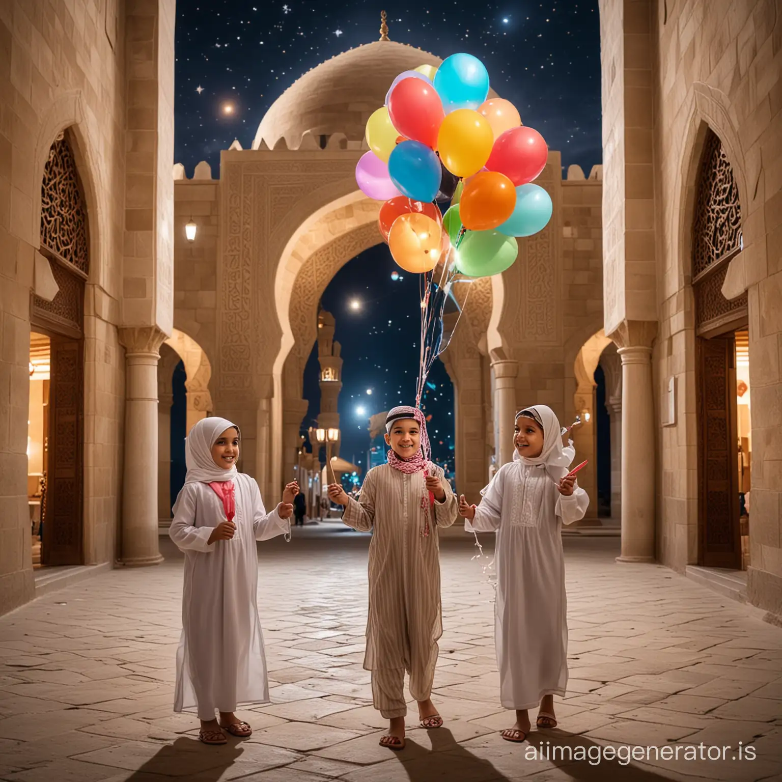 Happy Arab children holding balloons and candy for Islamic events like Eid ul Fitr in a mosque courtyard at night