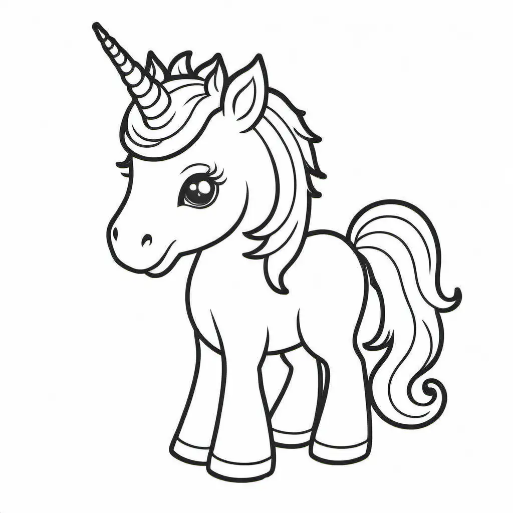 Baby unicorn , Coloring Page, black and white, line art, white background, Simplicity, Ample White Space. The background of the coloring page is plain white to make it easy for young children to color within the lines. The outlines of all the subjects are easy to distinguish, making it simple for kids to color without too much difficulty