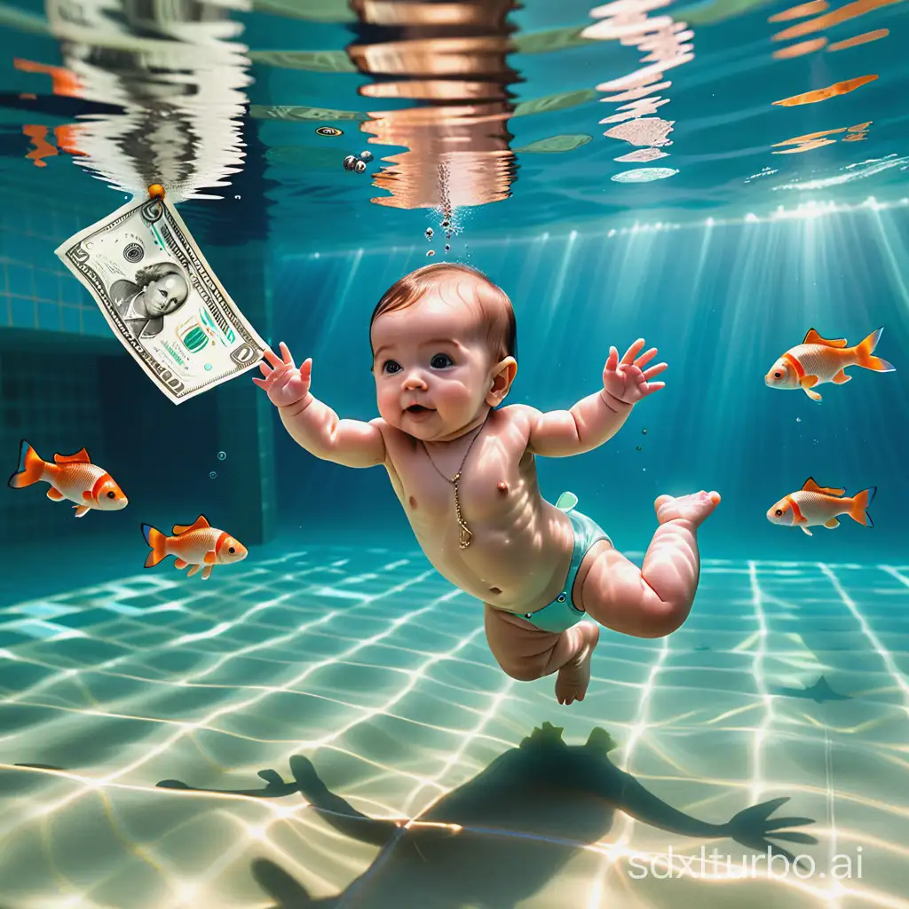 Baby floating underwater in pool reaching for dollar bill on fishhook