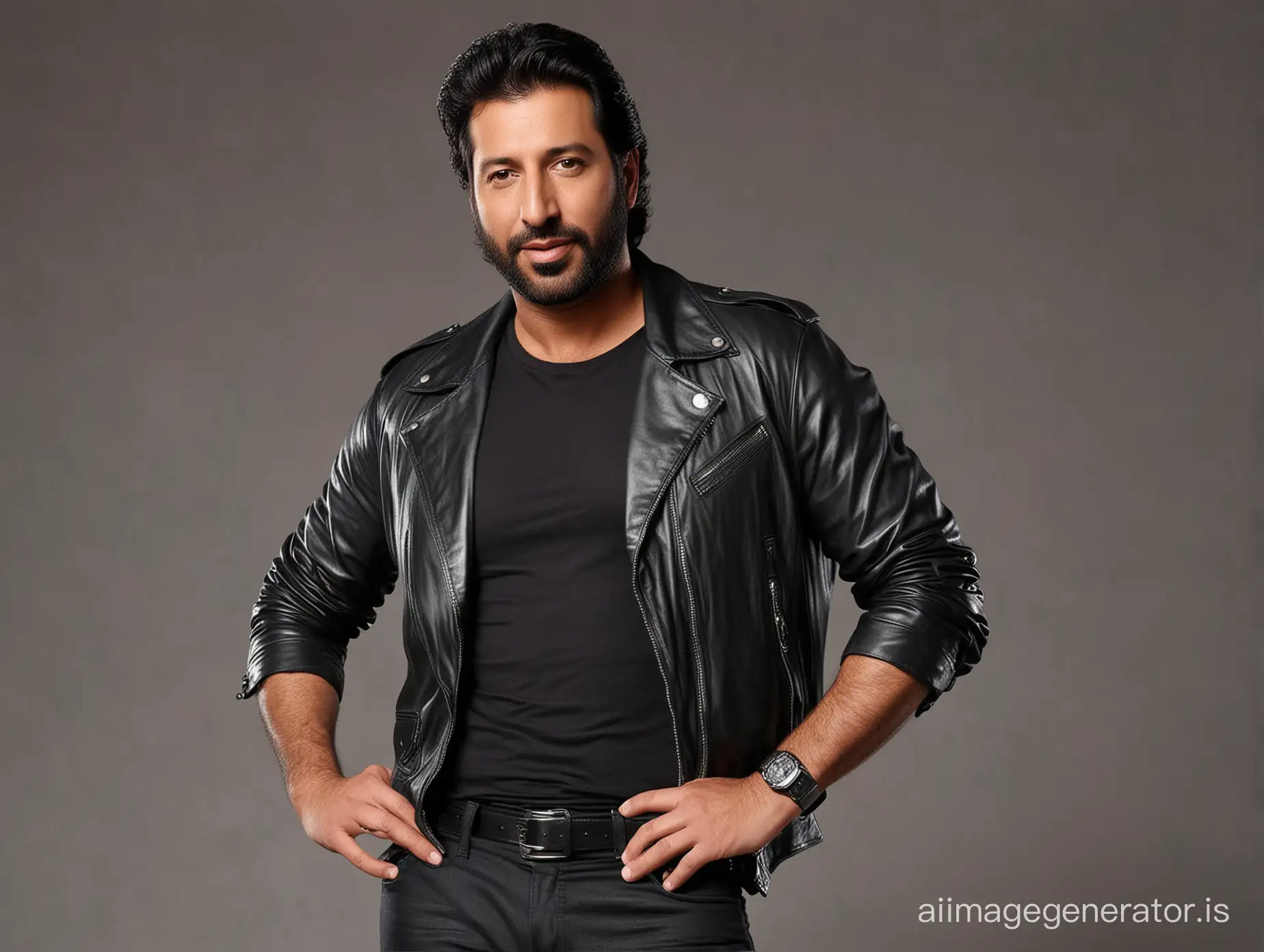 Hot-and-Sexy-Bearded-Wasim-Akram-in-Leather-Jacket