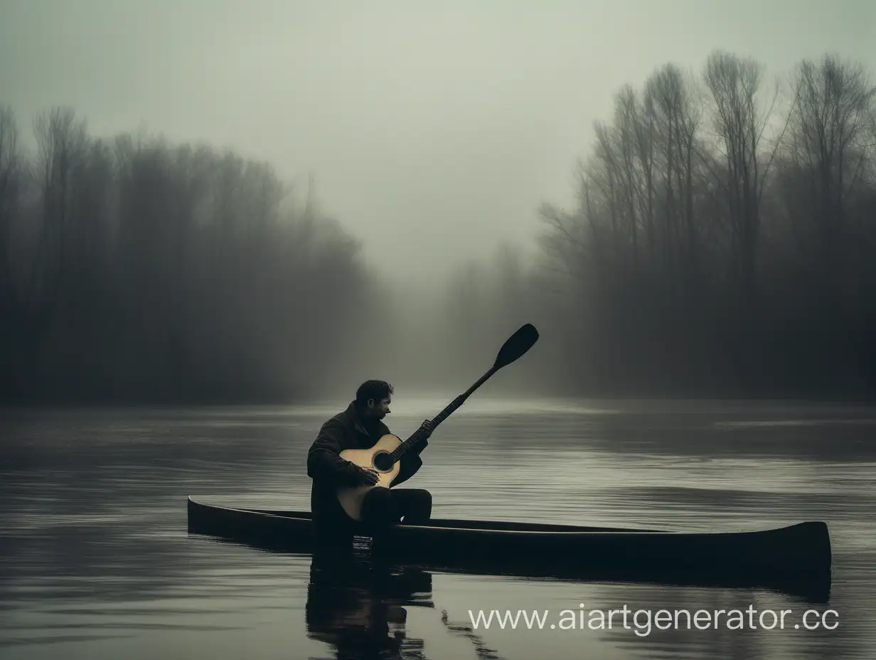 Мужчина сидит на берегу сумрачной реки. В его руках весло, которое он держит как гитару.