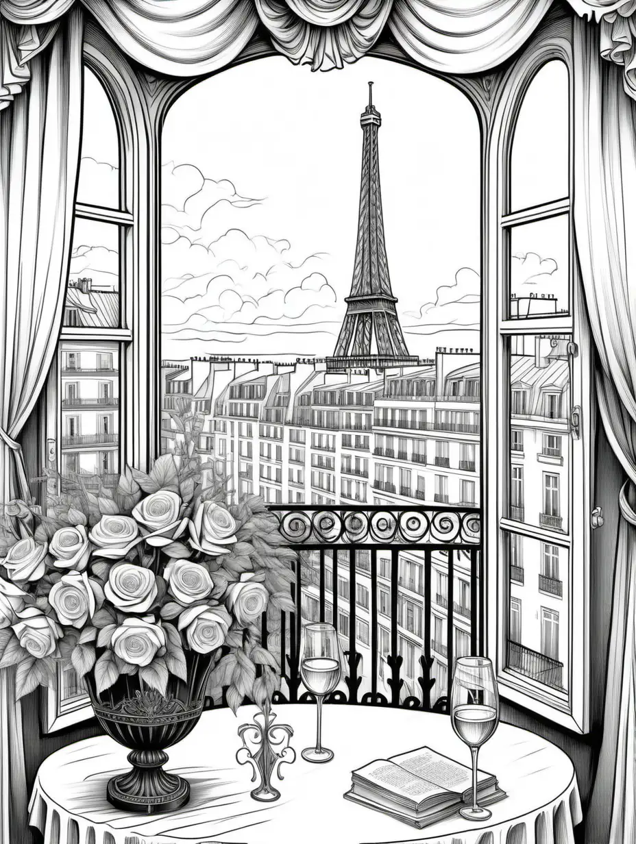 clean black and white, intricate, adult coloring page, white background, tall french flower arrangement in French Louis XVI Style Vase containing large tall arrangement of flowers native to france and roses, sitting next to an interior window on a table, decorative items on table, two wine glasses with white wine, 2D, vector line drawing, detailed black and white paris france city scene with Eiffel tower to the left behind the window, balcony with decorative iron rail, flowers are the focal point of the image